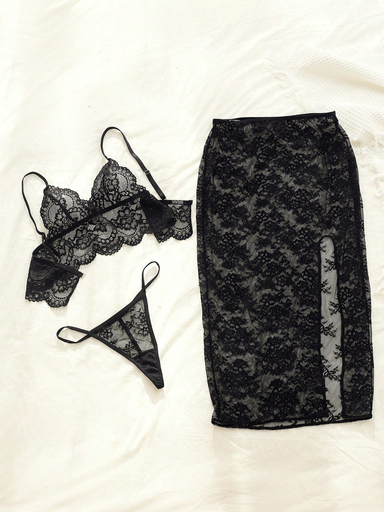 Classic Sexy Floral Lace Bra &amp; Thong &amp; Split Thigh Lingerie Skirt