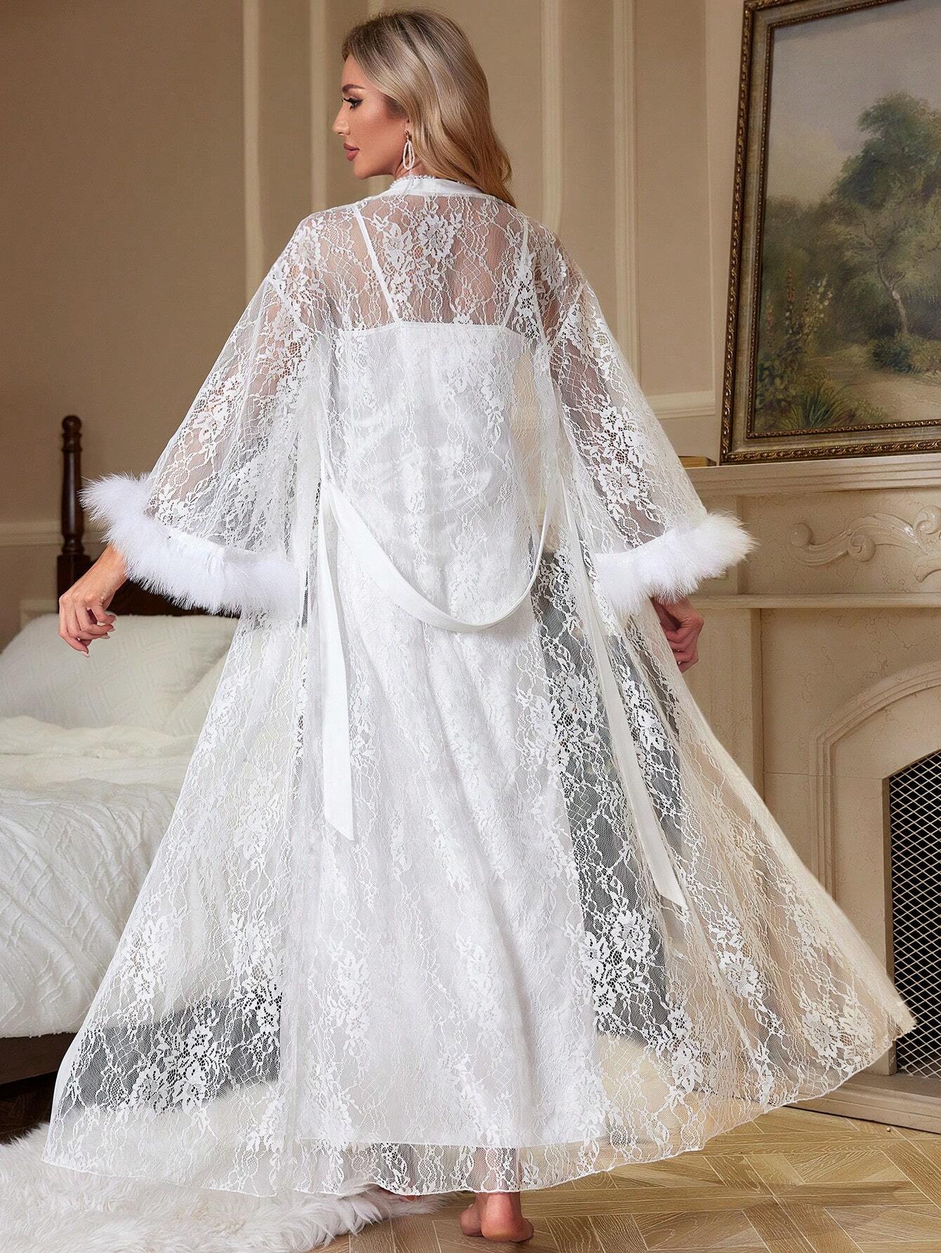 Women 3pcs Lace Contrast Hollow Robe, Satin Nightgown, And Shorts Sleepwear Set