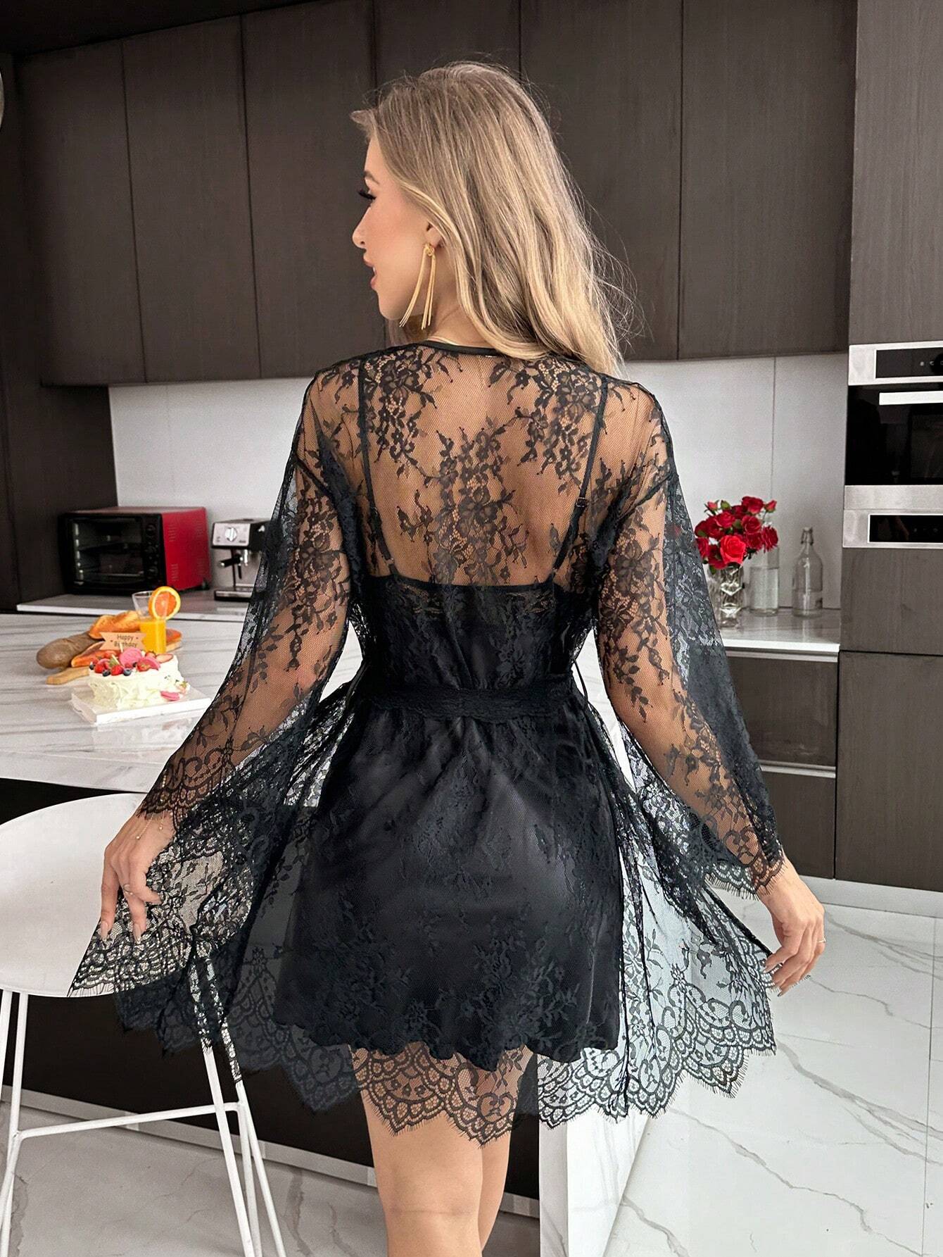 Contrast Lace Satin Cami Nightdress &amp; Robe PJ Set / Pajama Set