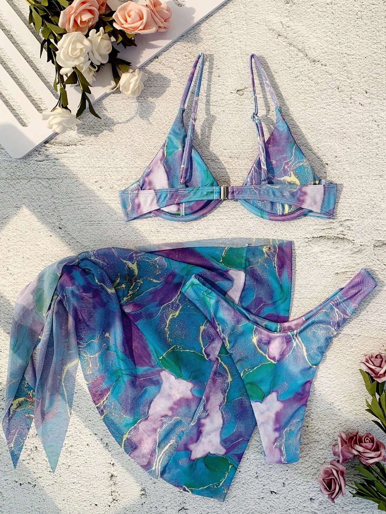 Swim Vcay Marble Print Ribbed Bikini Set Underwire Cami Bra &amp; Cheeky Bottom &amp; Beach Skirt 3 Piece Bathing Suit