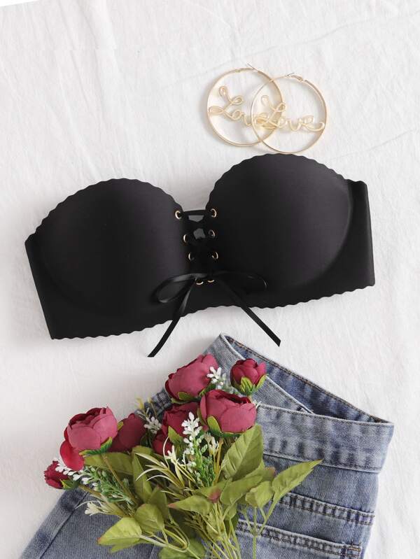 Scalloped Lace-Up Strapless Bra S Black
