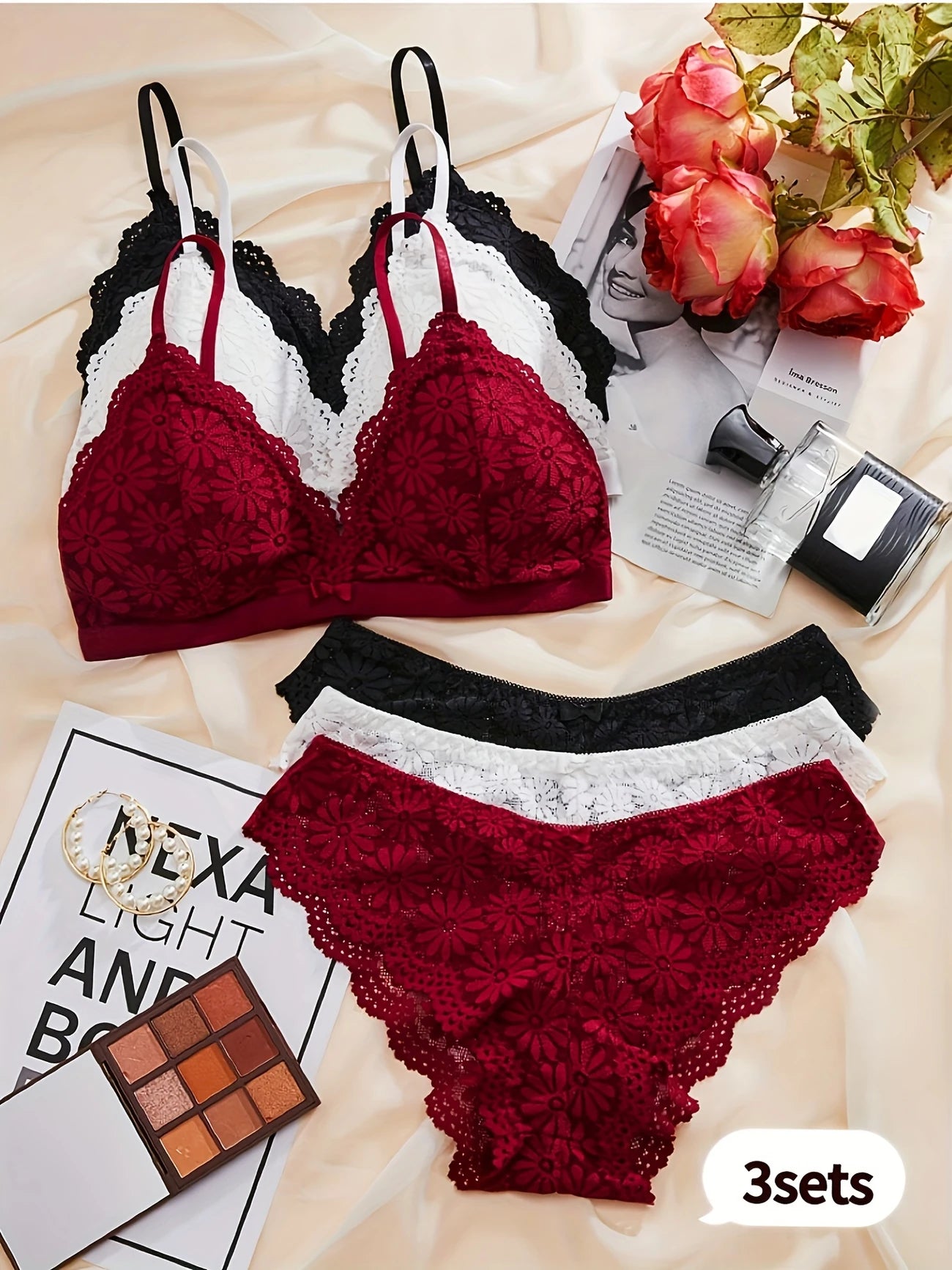 3pcs Comfortable & Breathable Lace Bra Set with Scallop Embellishments - Includes Bralette, Panties, and Underwear Polychrome