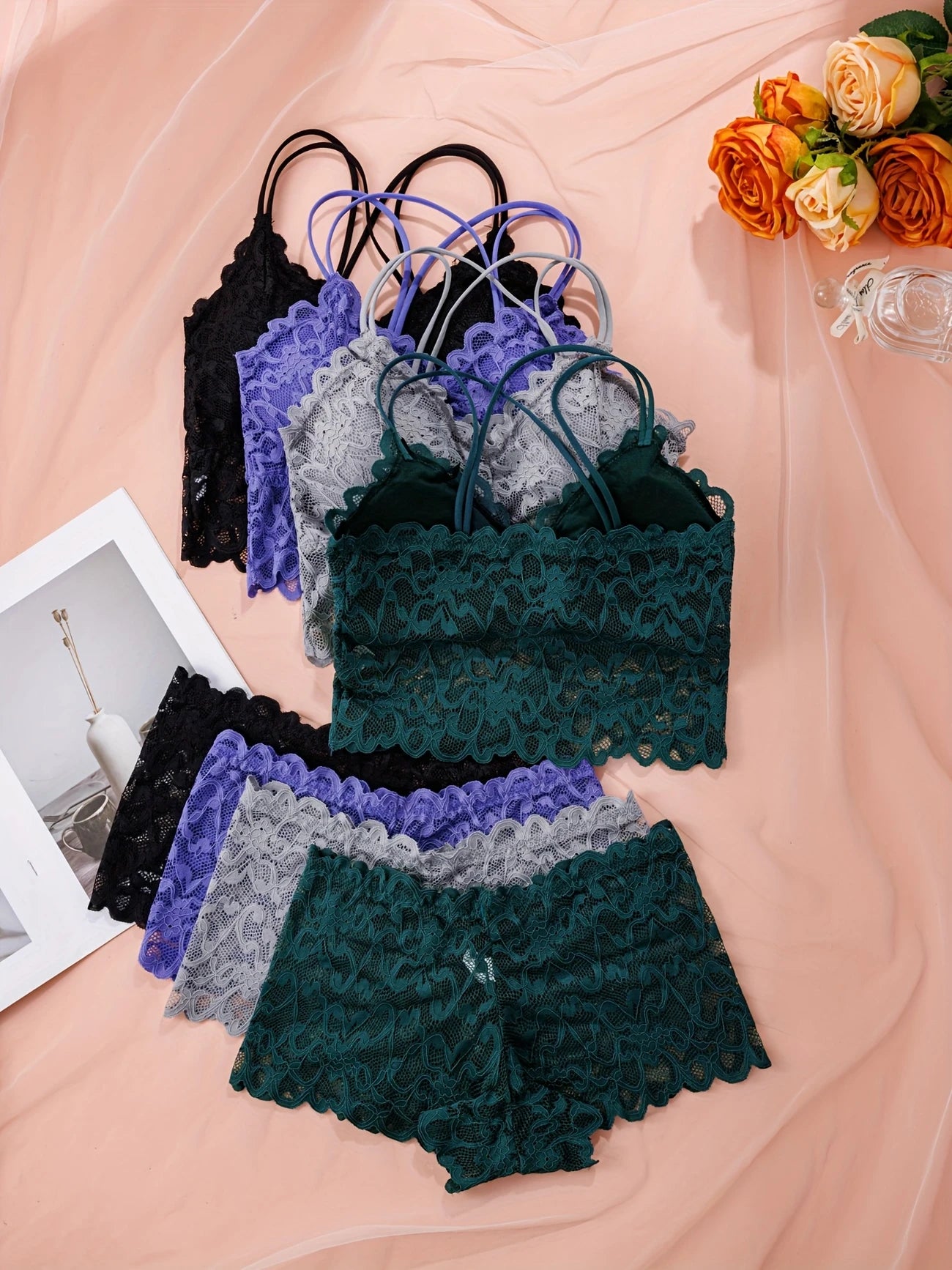 4pcs Set Sexy Comfortable Fashion Casual Lace Women's Underwear Set Mixed Color B