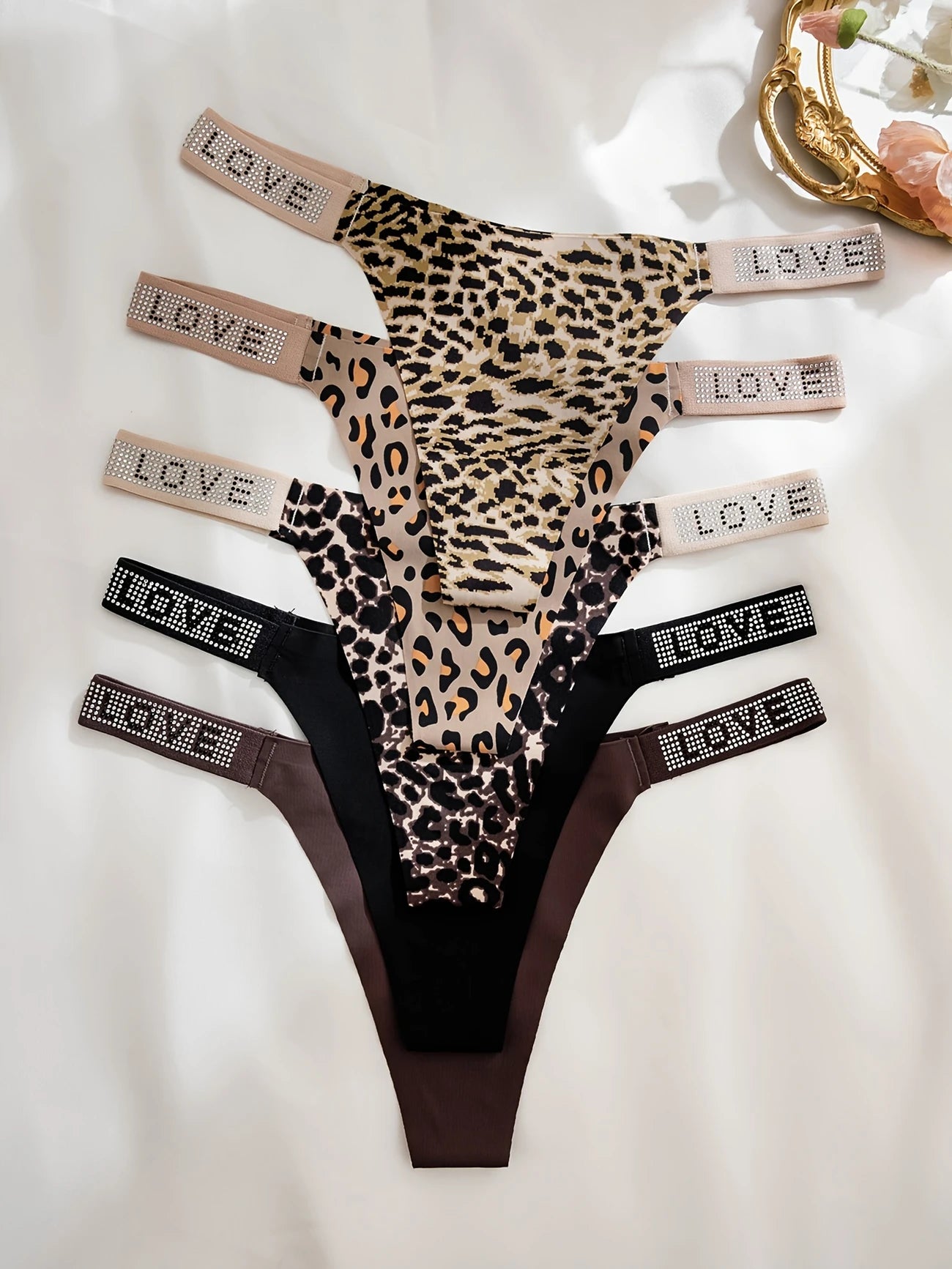 5pcs Rhinestone Tape Leopard Print Low Waist Thongs Mixed