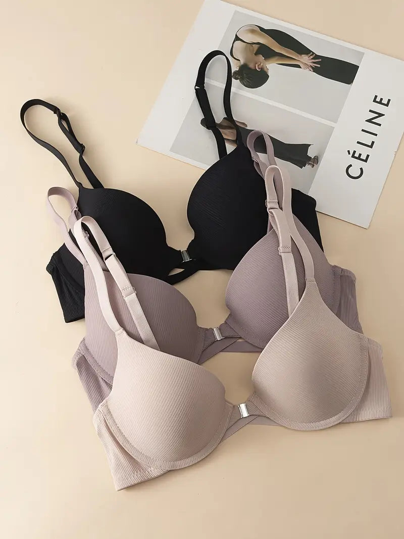 3pcs Elegant Ribbed Push-Up Bras with Front Closure Mixed