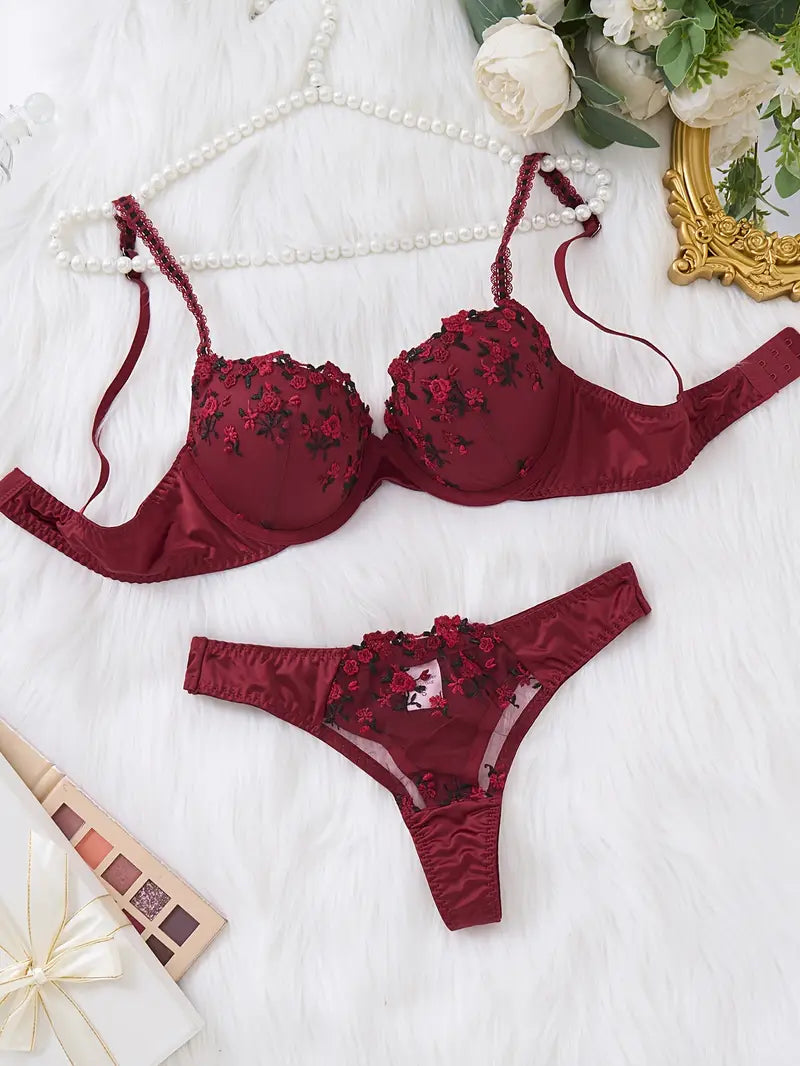 Floral Embroidered Lingerie Set, High Support Push Up Bra & Tin Triangle Panties Burgundy