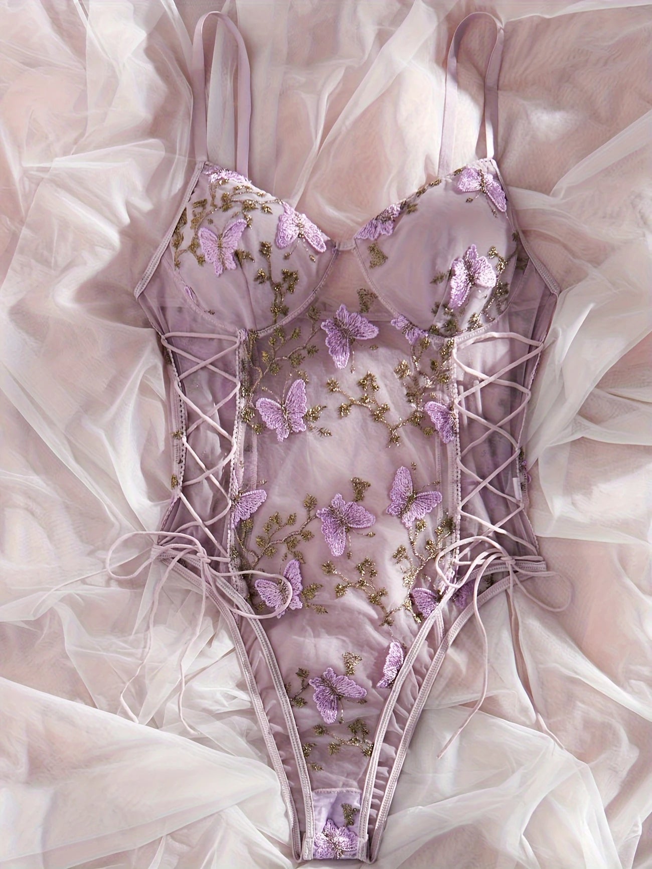 Elegant Butterfly Embroidered Teddy Bear Bodysuit with Deep V-Back and Thong Bottom Light purple