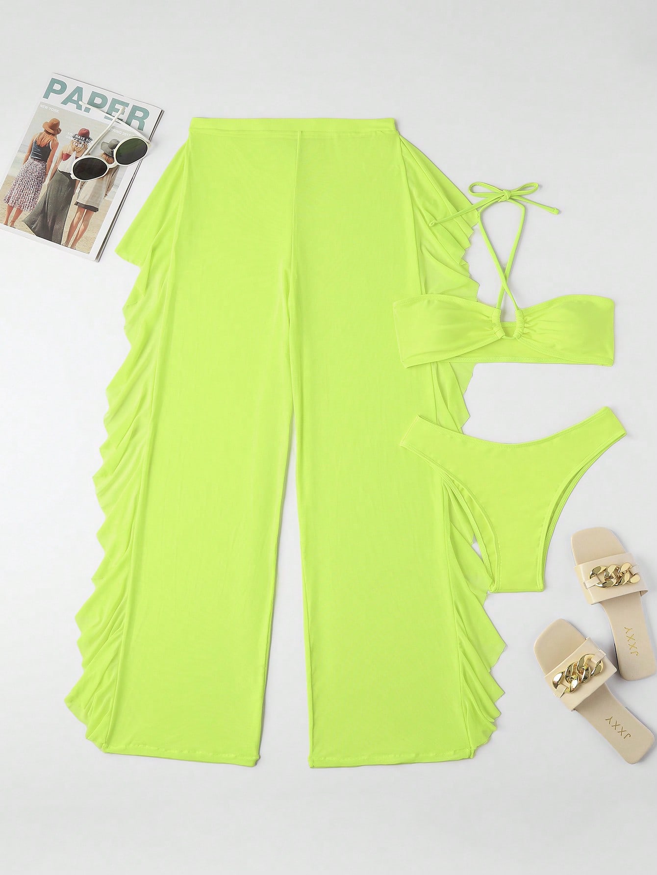 SHEIN Swim SXY Mono Bikini Set Crisscross Halter Wireless Bra Top &amp; High Cut Bikini Bottom &amp; Mesh Cover Up Pants 3 Piece Swimsuit