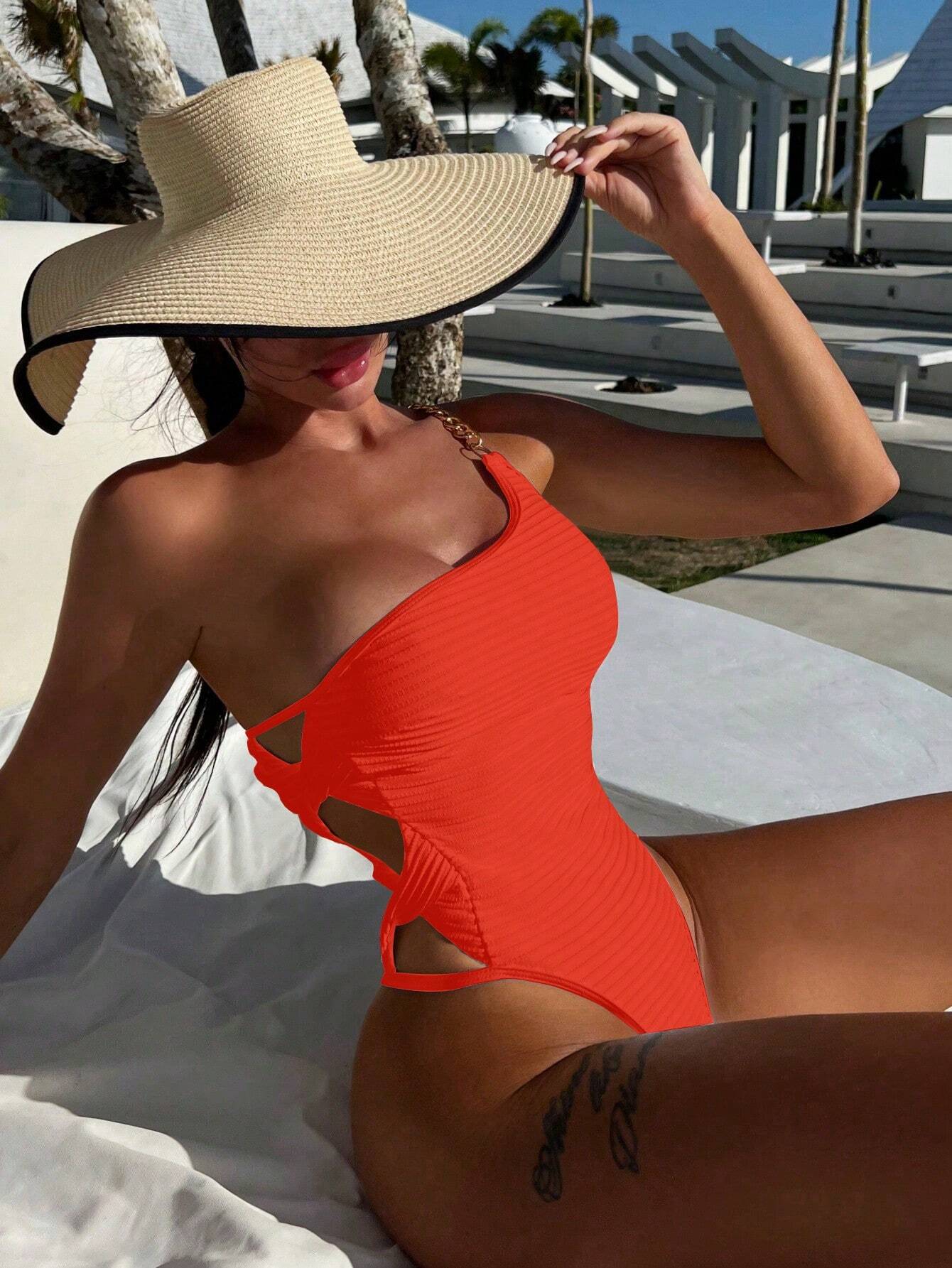 SXY Summer Beach Women's One-Shoulder Cutout Monokini Swimsuit Orange