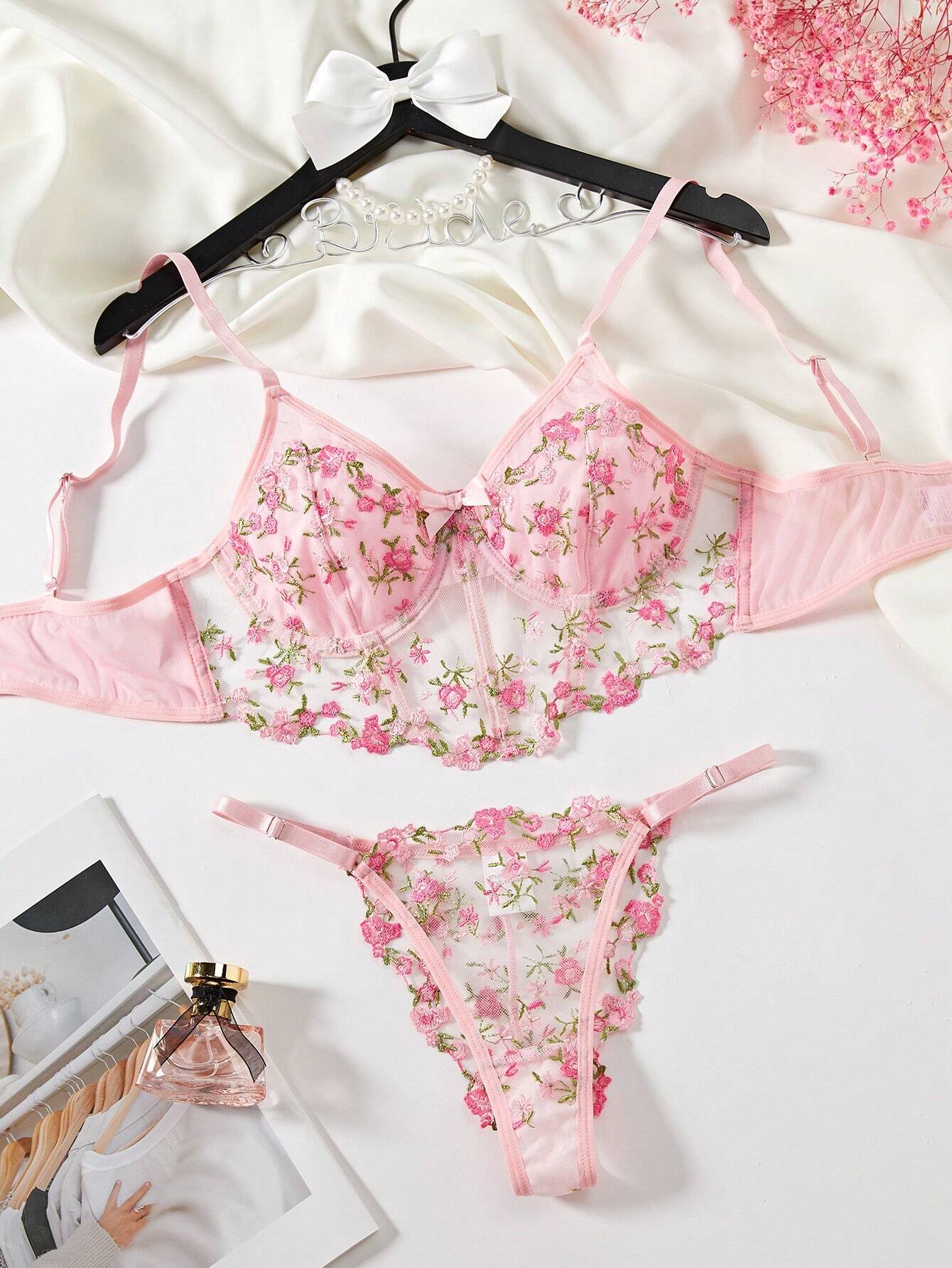 Floral Embroidery Mesh Underwire Bra &amp; Panty Lingerie Set