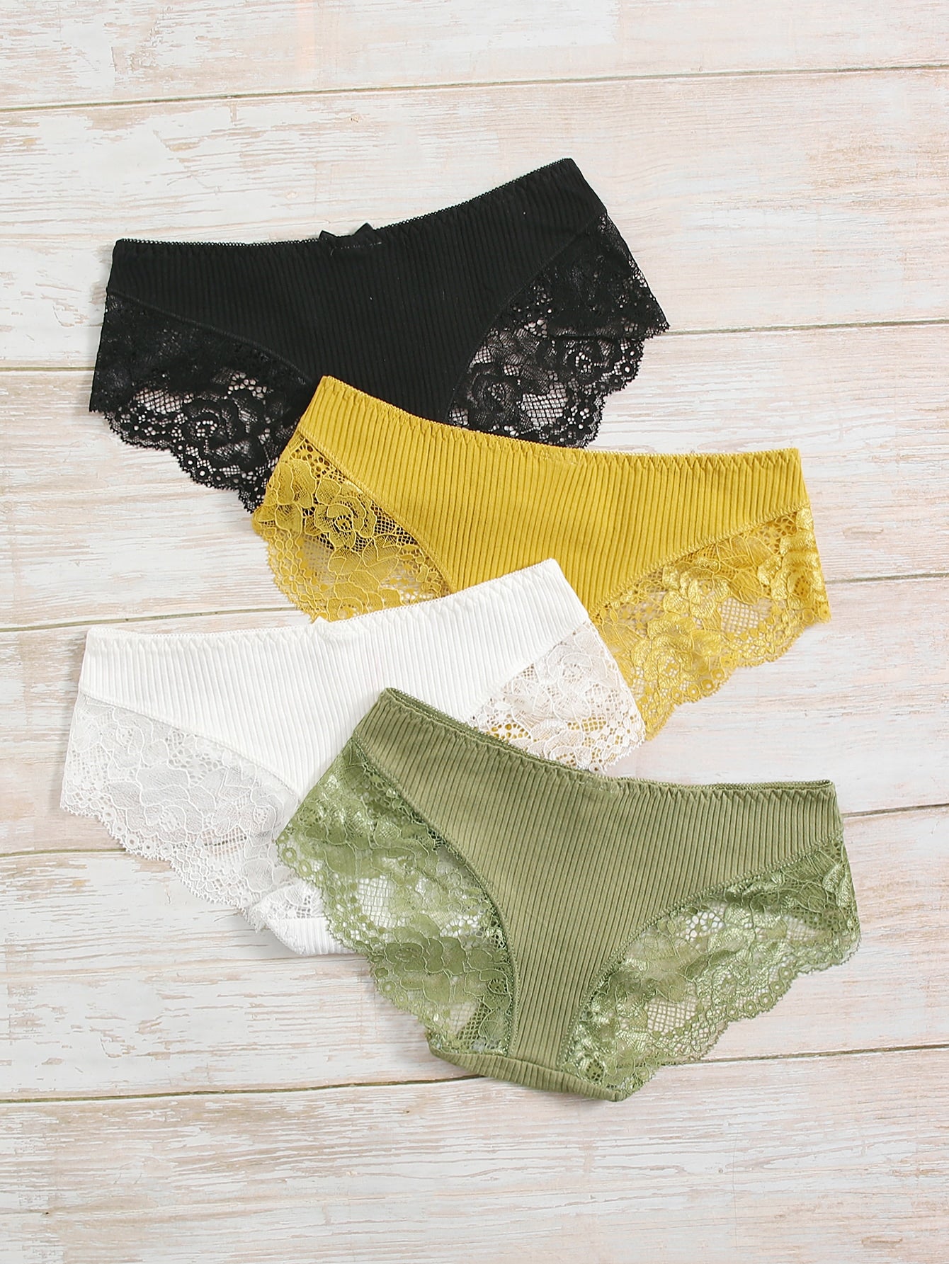 4pack Contrast Floral Lace Rib Panty