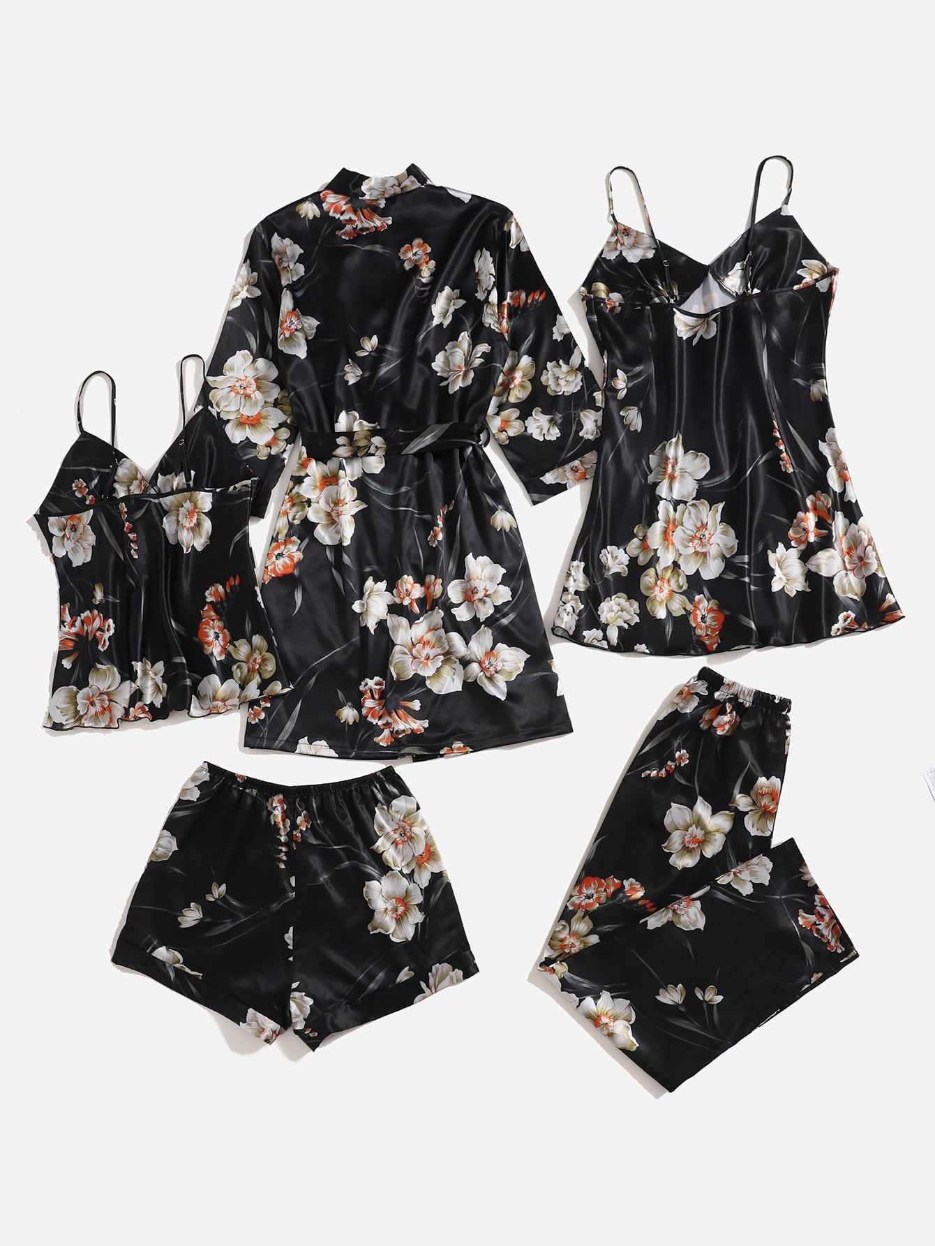 SHEIN Modely 5pcs Floral Print Satin PJ Set
