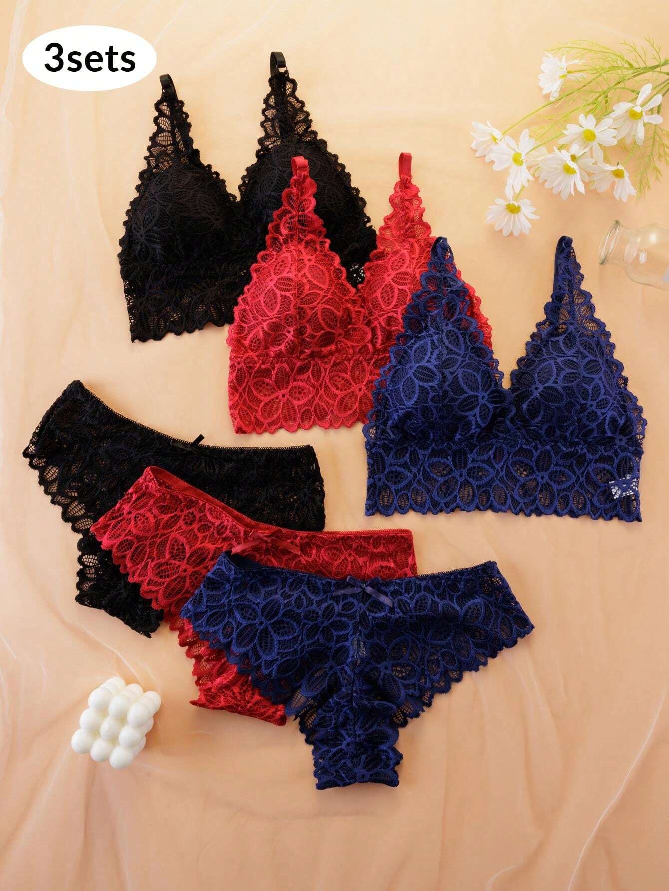 Sexy Fashionable Street Style Casual Women's Underwear Set With Lace &amp; Back Beautifying Bra Multicolor 3