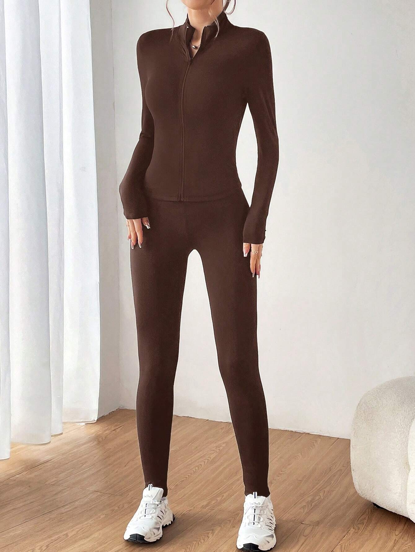 EZwear Black Two Piece Set Sportswear Zip Up Jacket &amp; Leggings