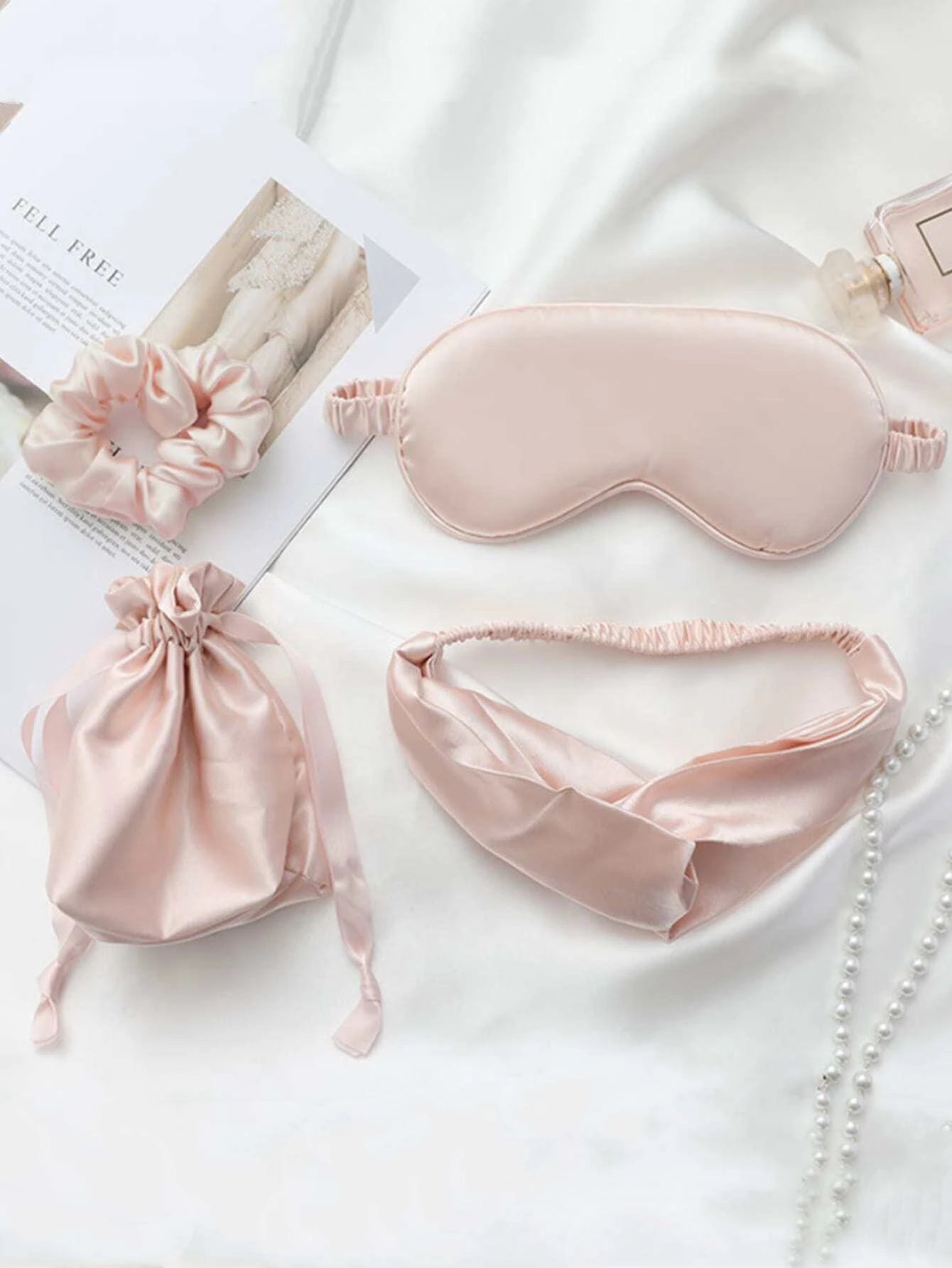 4pcs/Set Silk-Like Eye Mask, Headband, Scrunchie And Sleep Set Baby Pink