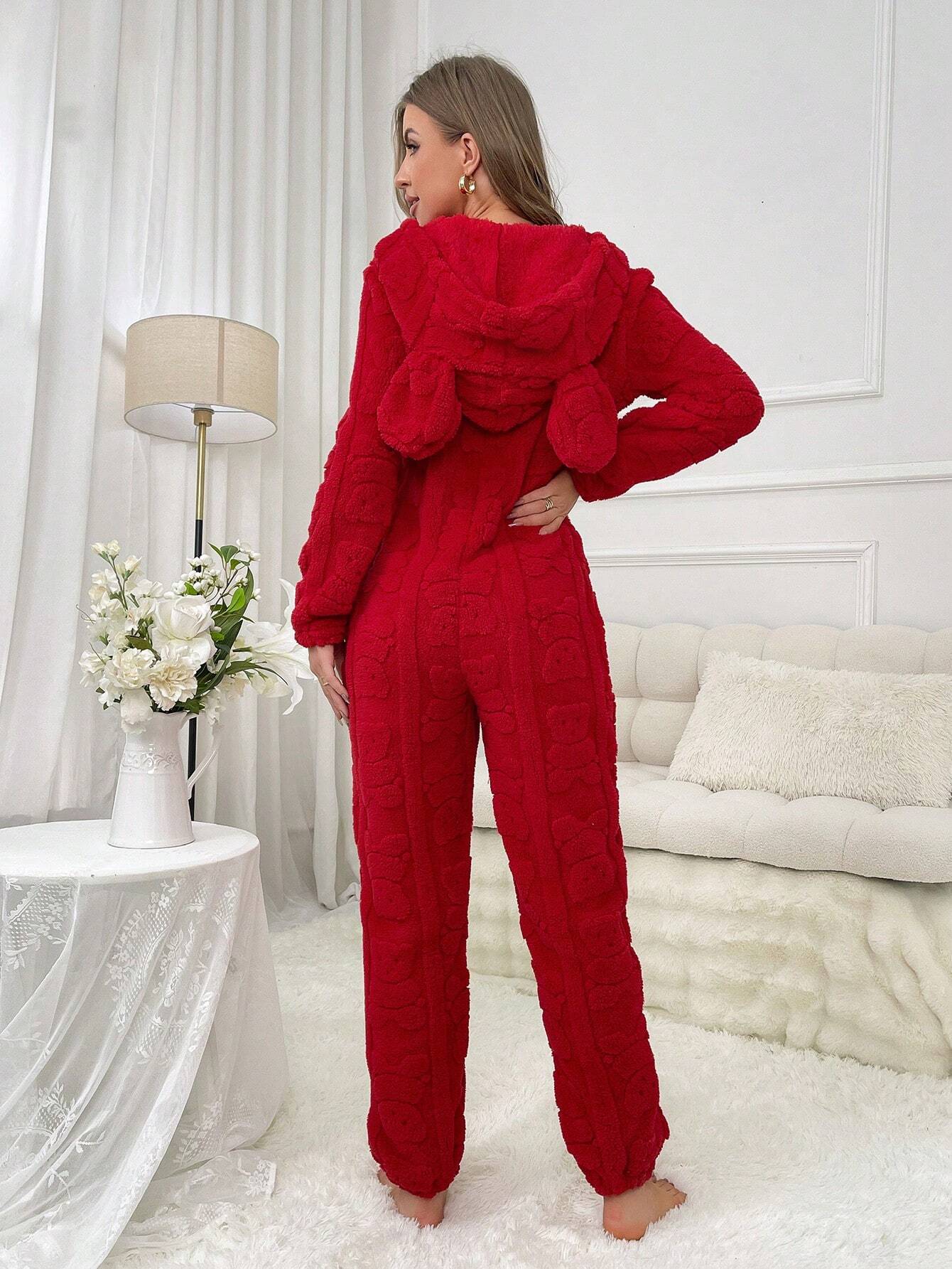 Women's Animal Ear Design Plush Pajama Jumpsuits