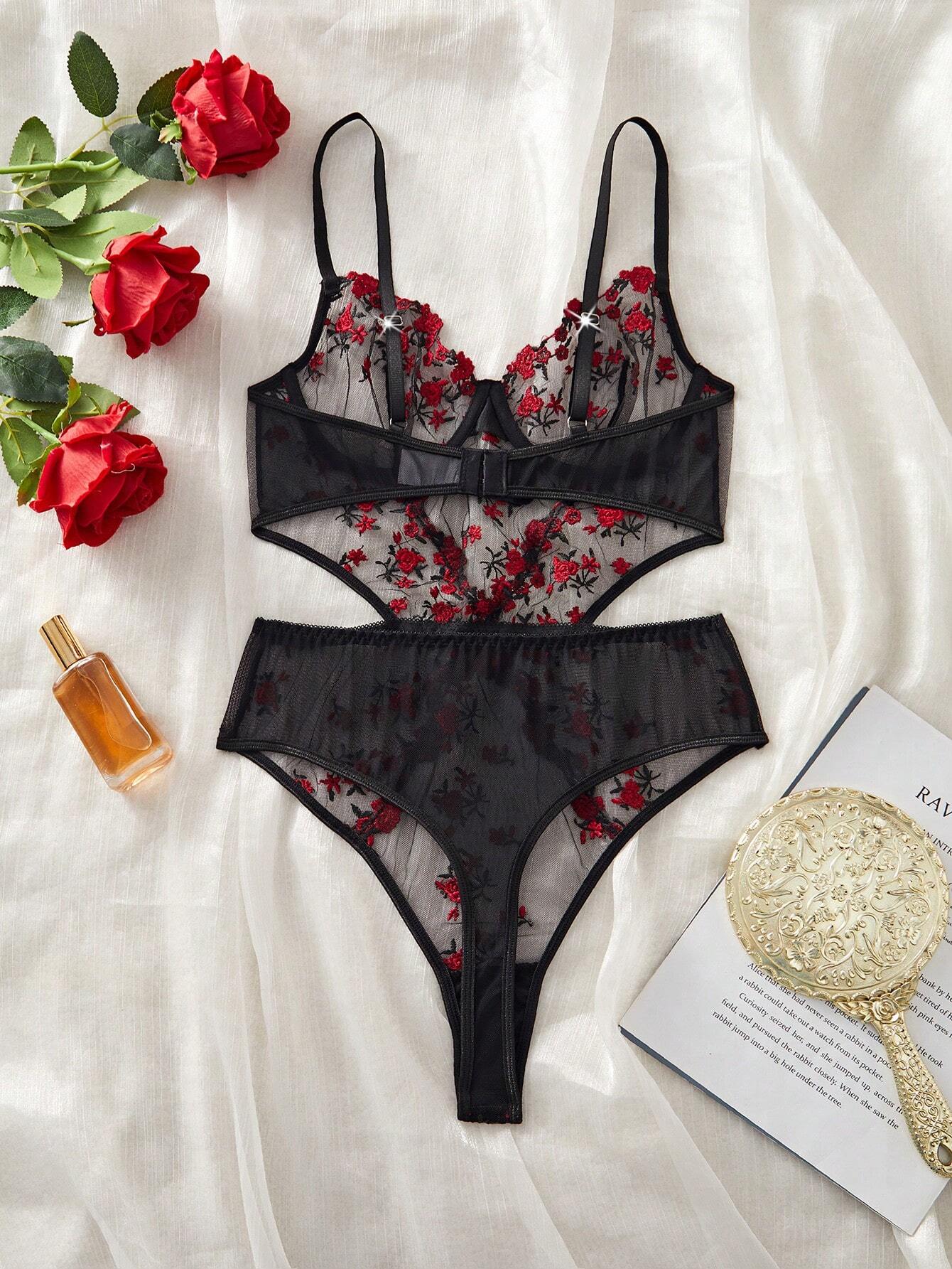 Pink Floral Embroidery Mesh Cut-Out Backless Jumpsuit