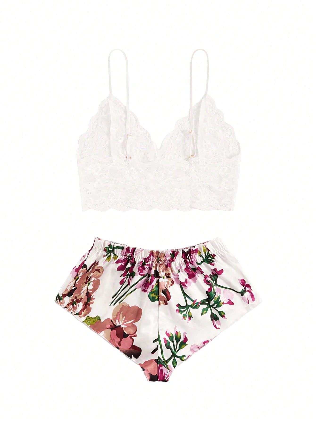 Floral Lace Bralette With Floral Shorts