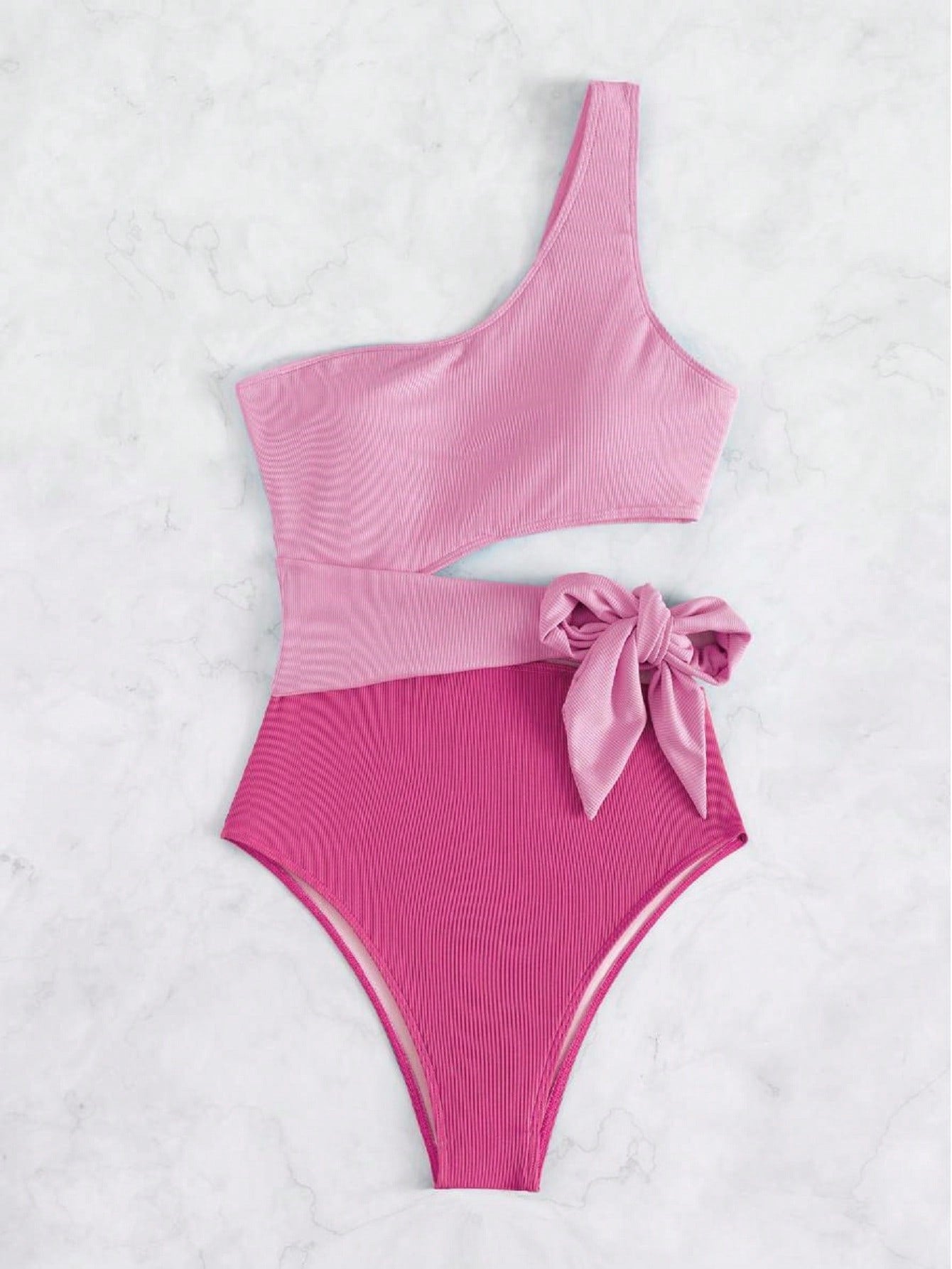 SHEIN Swim Vcay Two Tone Cut Out Knot Side One Shoulder One Piece Swimsuit