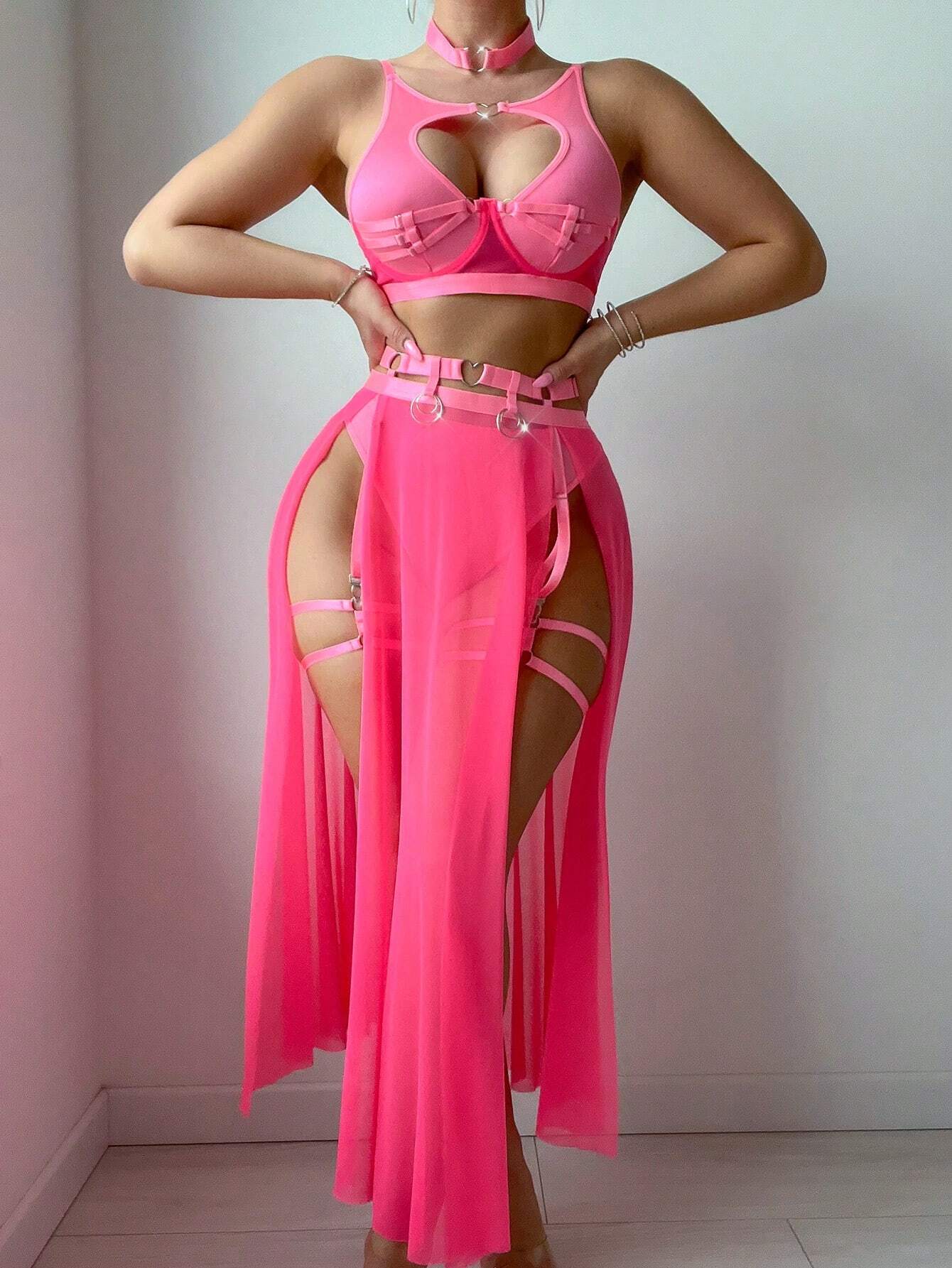 Women\ Strappy Hollow Out Round Ring Detail Sexy Lingerie Set Hot Pink