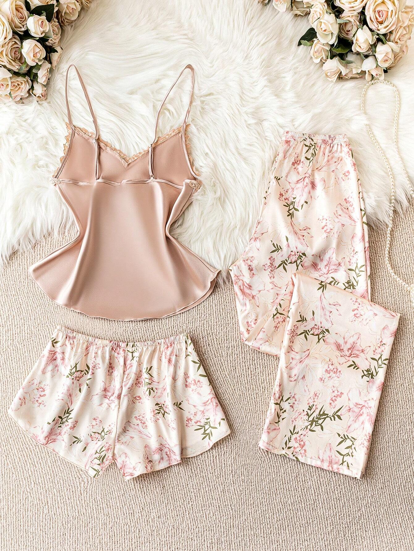 Floral Print Appliques Satin PJ Set
