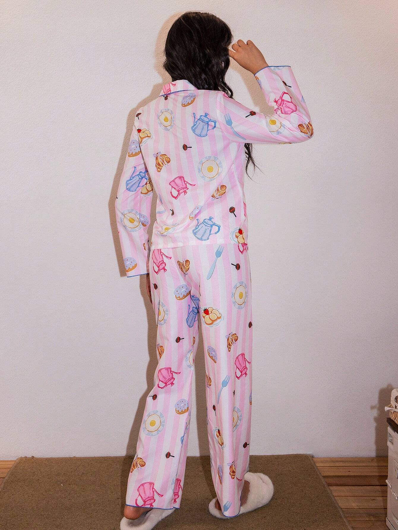 Women Contrast Trim Front Button Long Sleeve Printed Casual Top And Long Pants