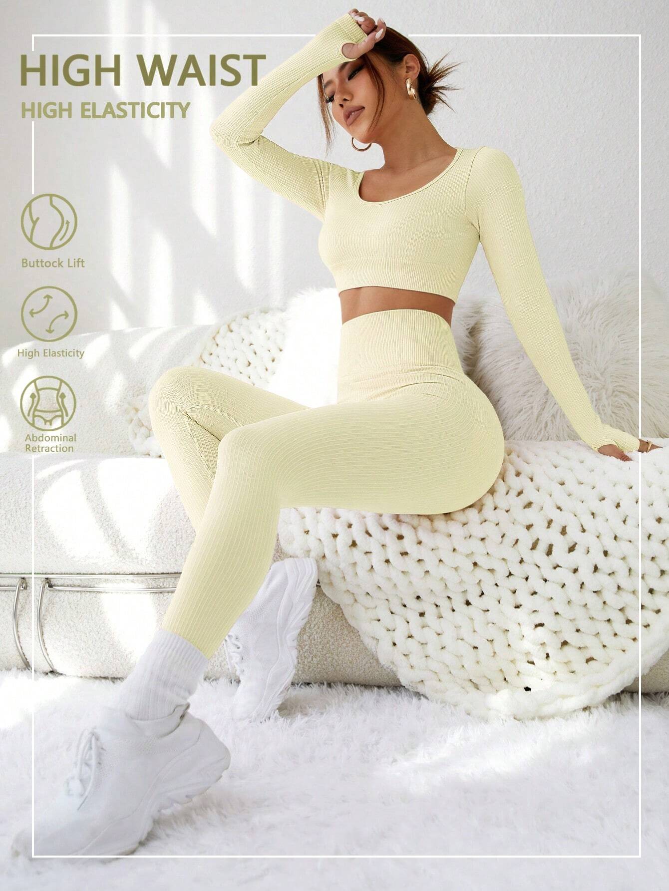 Sport Seamluxe Two Piece Outfits Seamless High Stretch Thumb Holes Sports Tee &amp; Leggings Beige 2