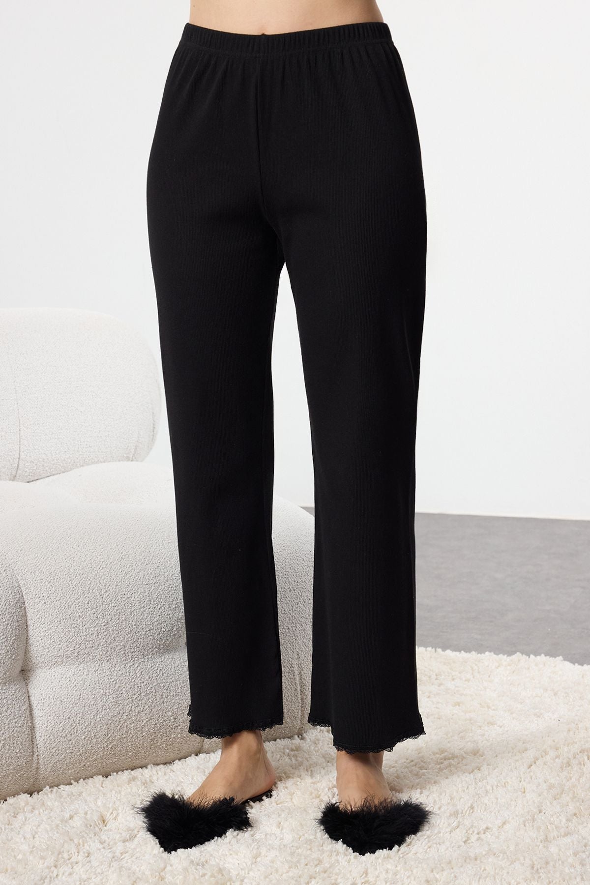 Ecru Cotton Lace and Ribbon/Bow Detail Ribbed Knitted Pajamas Set