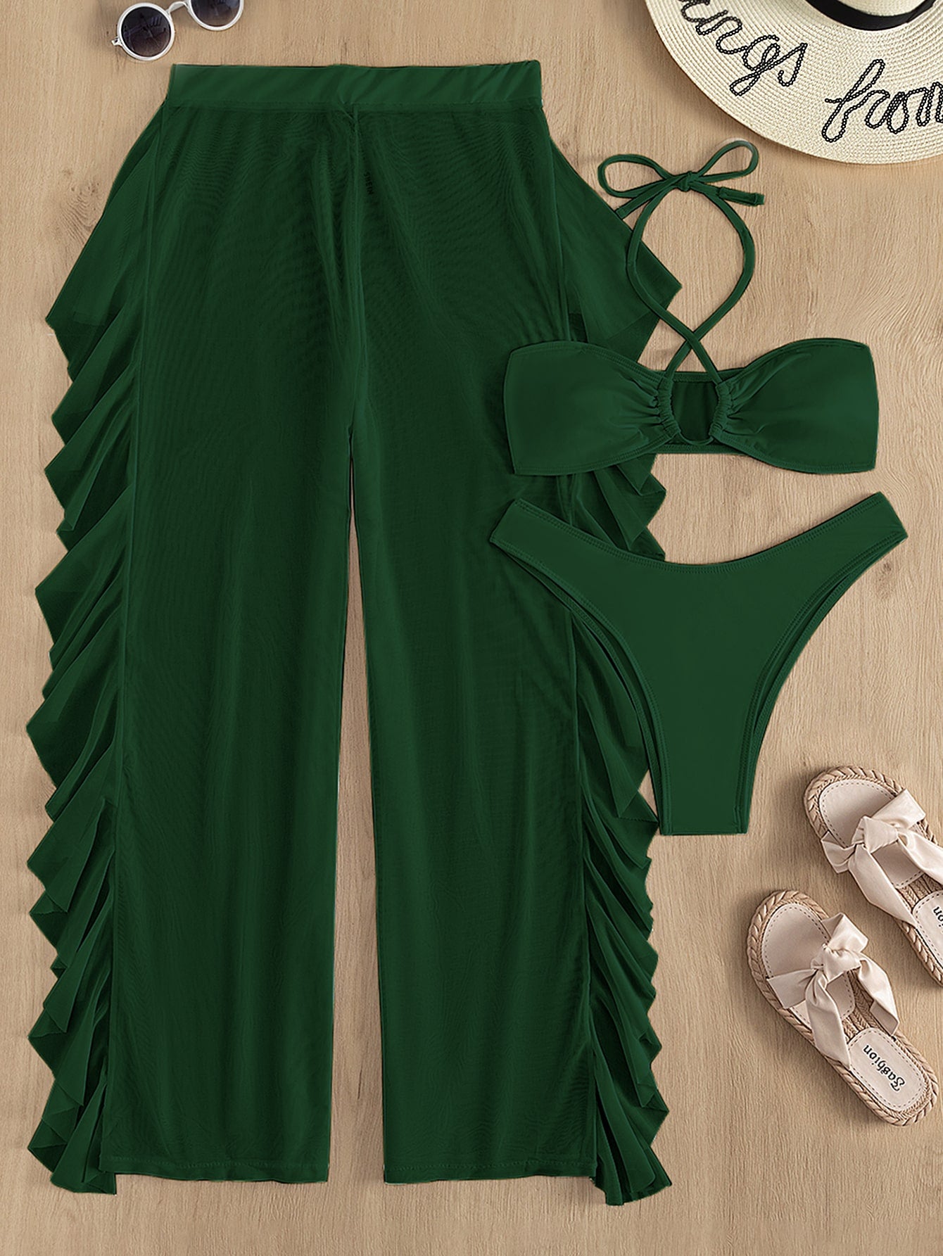 SHEIN Swim SXY Mono Bikini Set Crisscross Halter Wireless Bra Top &amp; High Cut Bikini Bottom &amp; Mesh Cover Up Pants 3 Piece Swimsuit