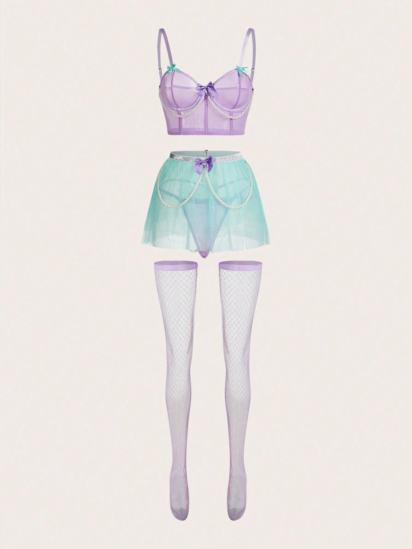 Contrast Color Bowknot &amp; Faux Pearl Decor Sexy Lingerie Set