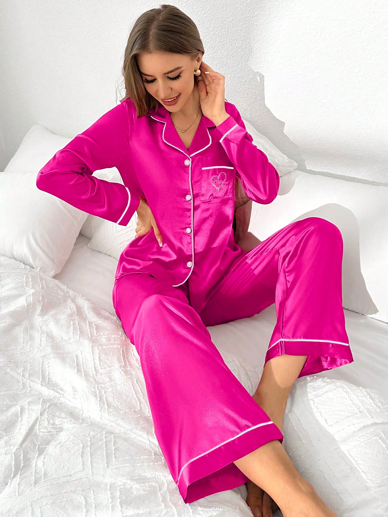 Women's Contrast Color Edged Collar Button-Front Pajamas Set Hot Pink