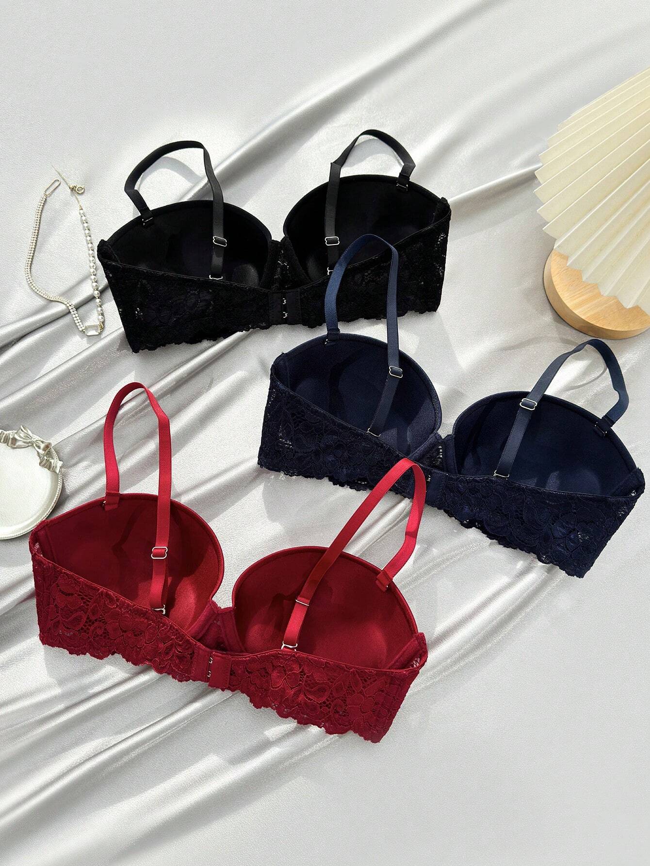 3pcs Contrast Lace Underwire Bra