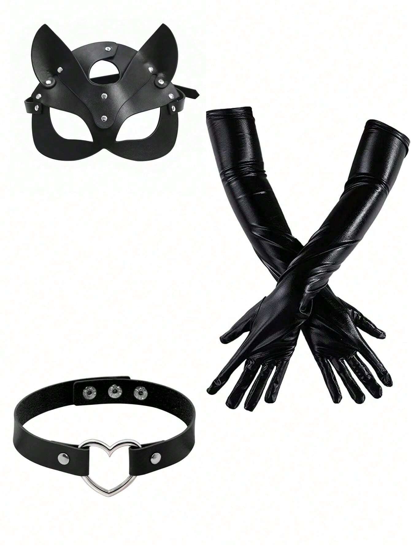 1pc Black Punk Stage Performance Costume Set Including Eye Mask, Heart Shaped Choker And 55cm Patent Leather Gloves Harness Halloween Prom