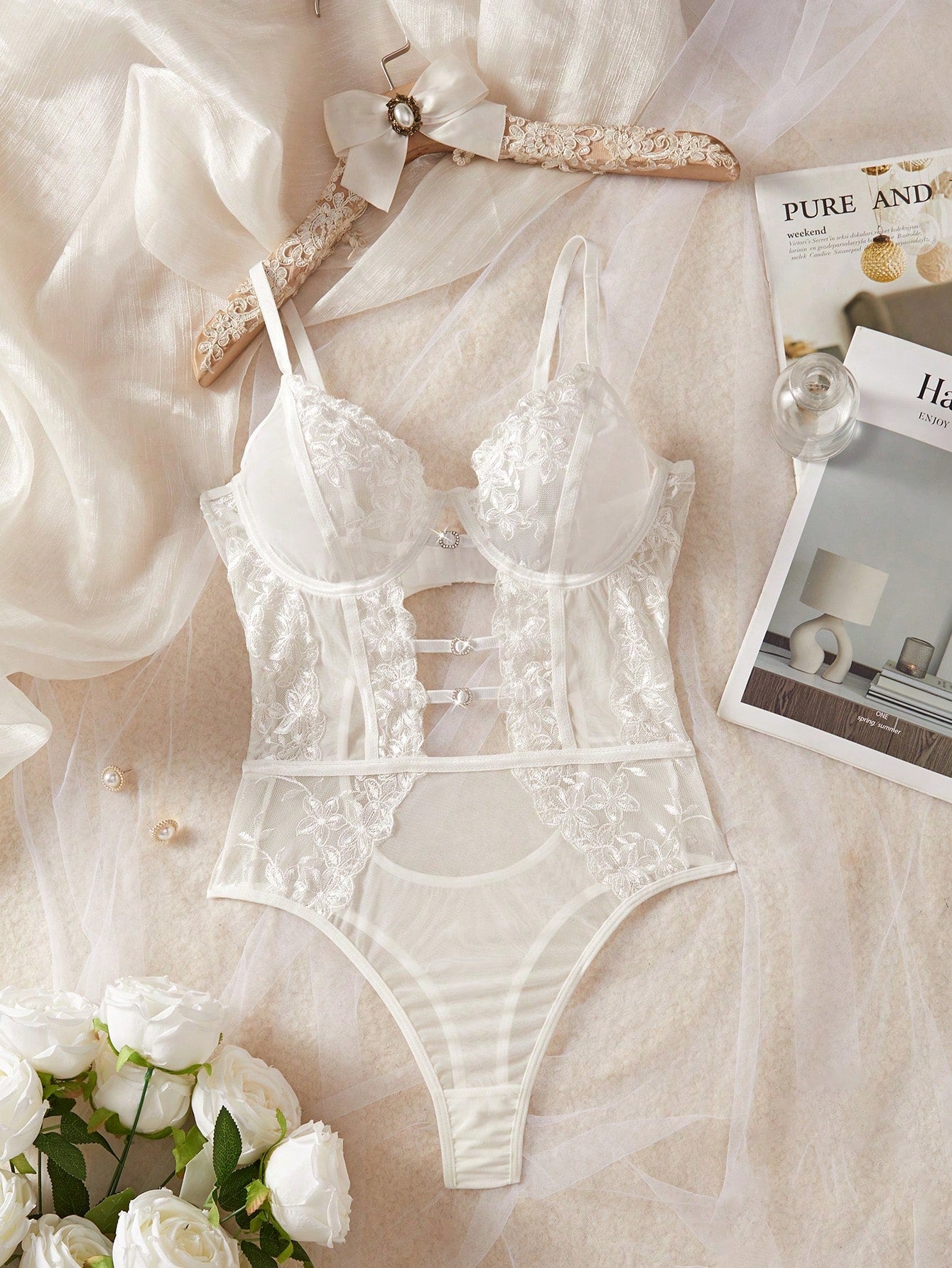 1pc Women's Sexy Lingerie Floral Embroidery Mesh Bodysuit