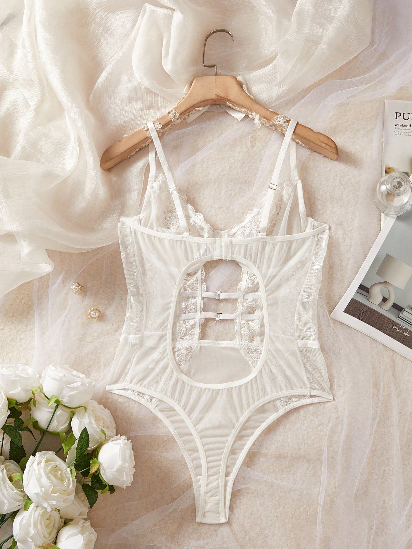 1pc Women's Sexy Lingerie Floral Embroidery Mesh Bodysuit