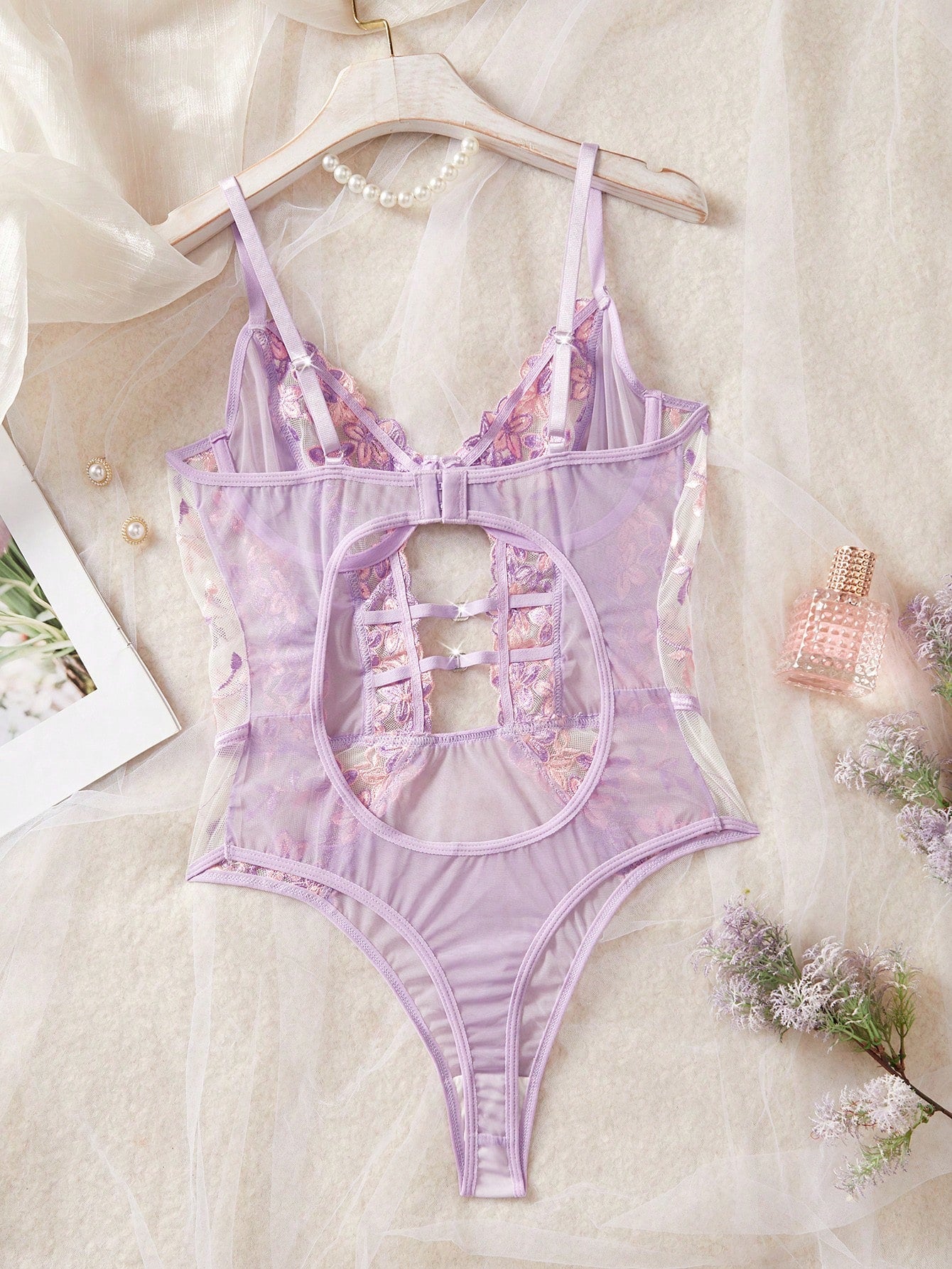 1pc Women's Sexy Lingerie Floral Embroidery Mesh Bodysuit
