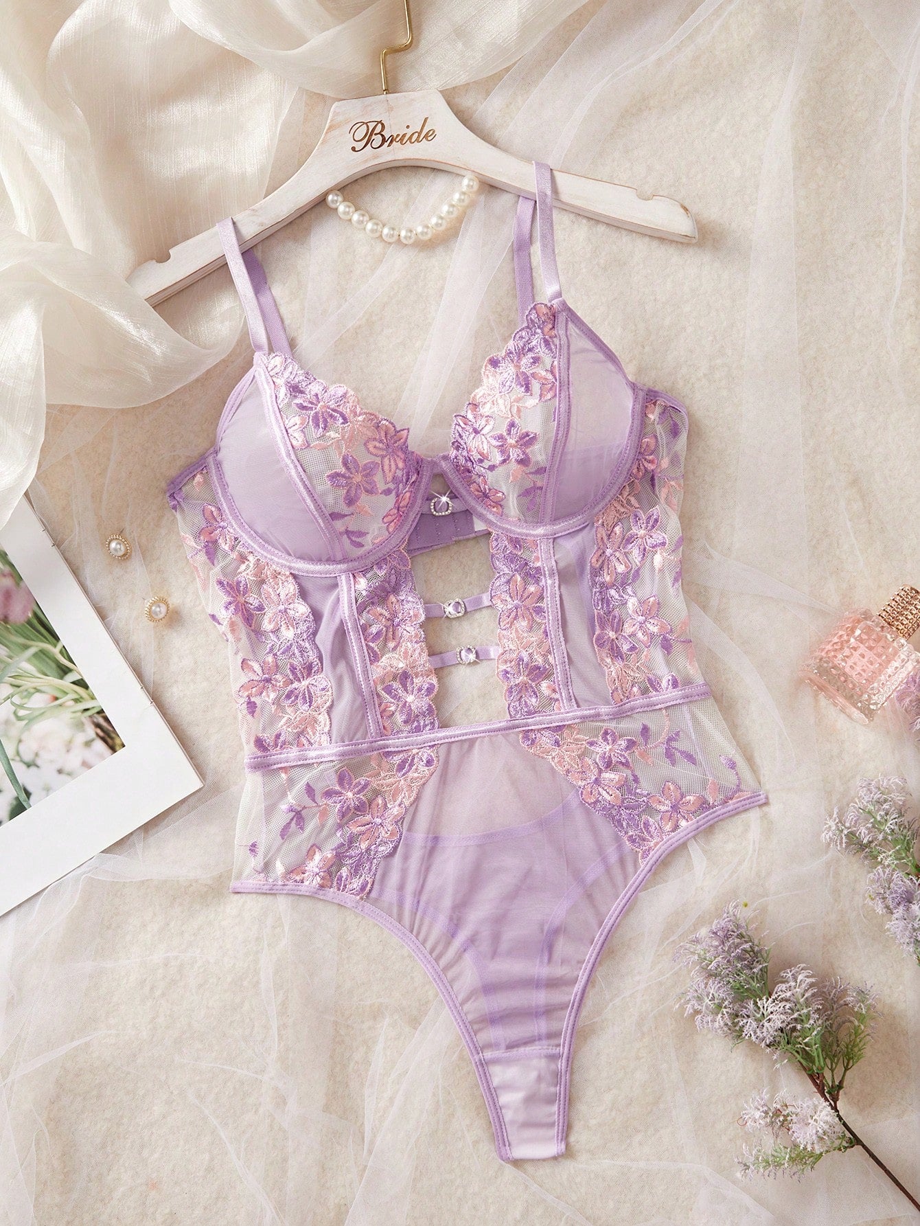 1pc Women's Sexy Lingerie Floral Embroidery Mesh Bodysuit