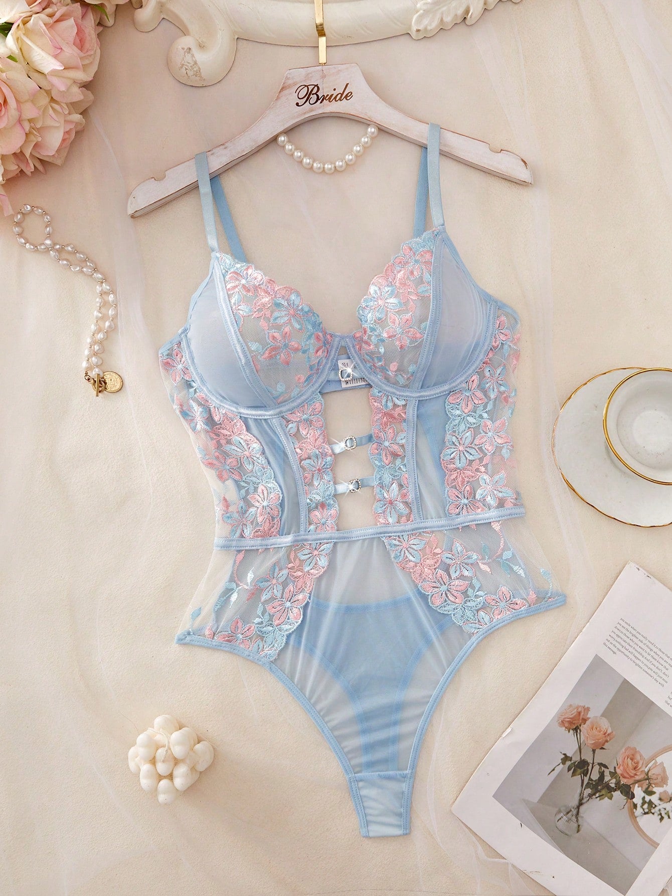 1pc Women's Sexy Lingerie Floral Embroidery Mesh Bodysuit