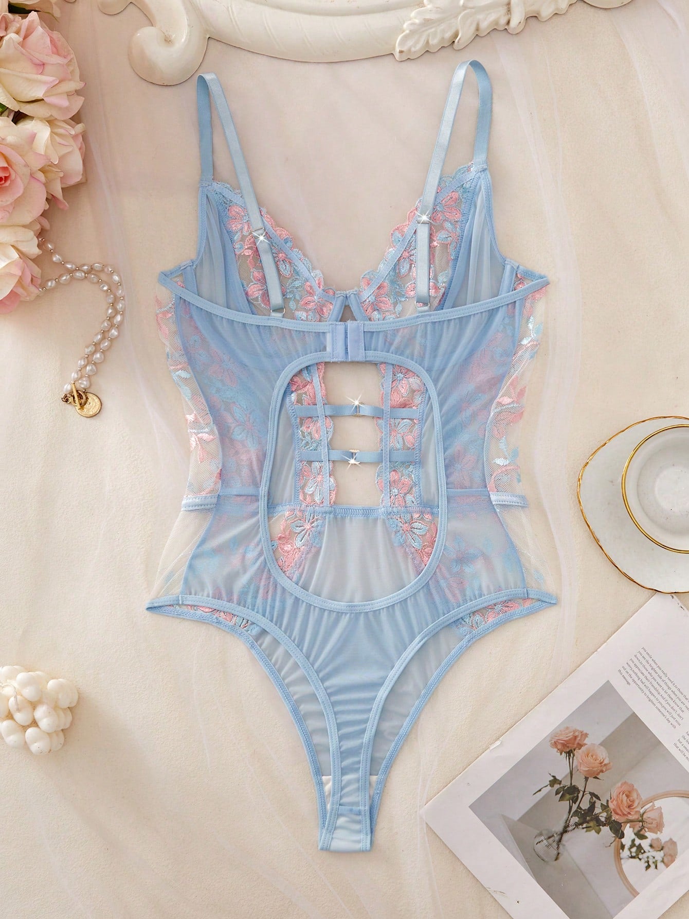 1pc Women's Sexy Lingerie Floral Embroidery Mesh Bodysuit