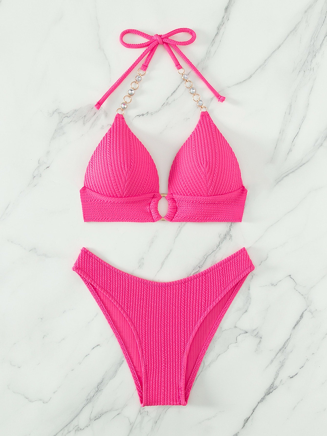 SHEIN Swim SXY Mono Bikini Set Chain Linked Halter Push Up Bra &amp; Bikini 2 Piece Swimsuit