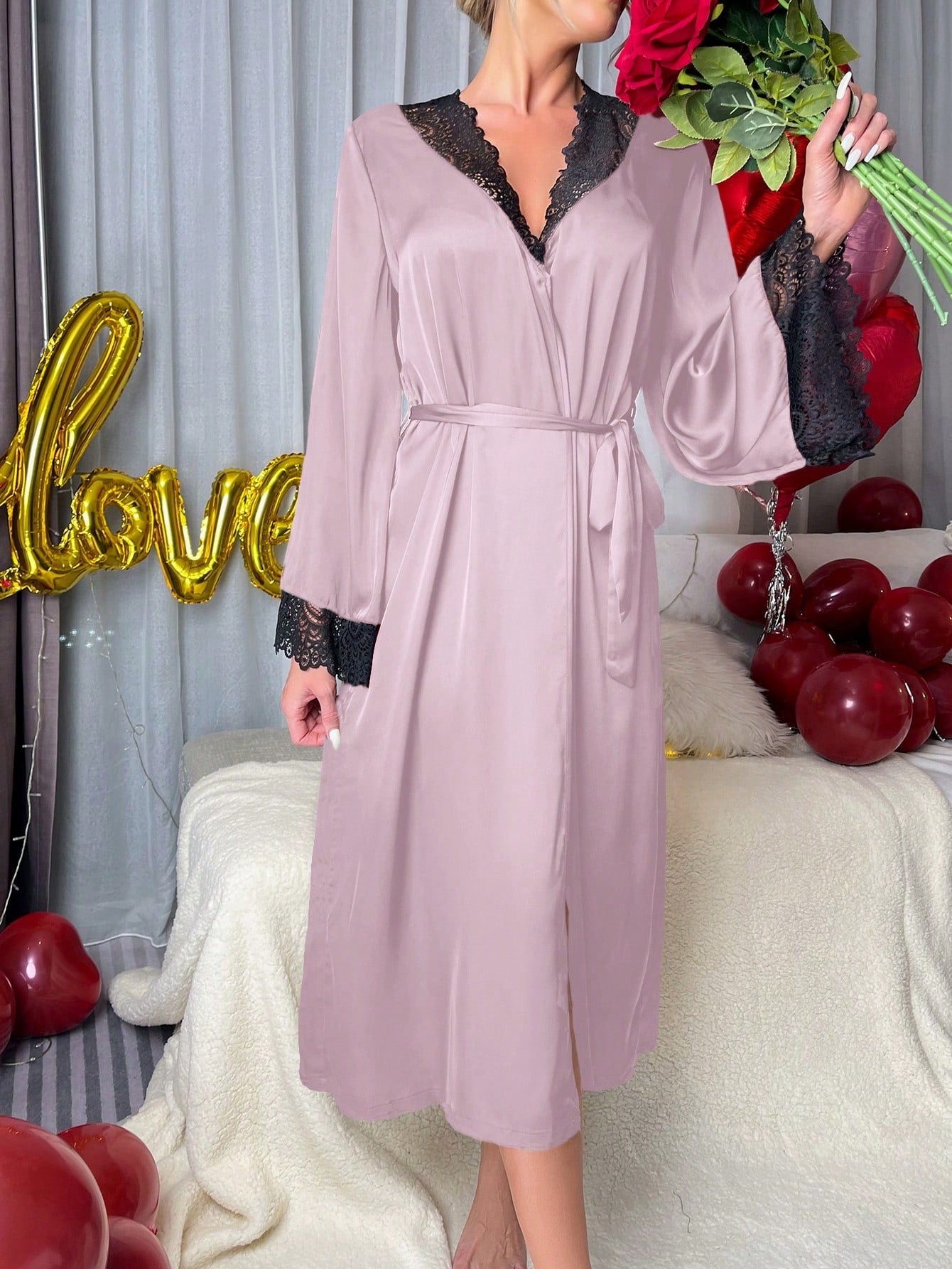 Contrast Lace Belted Satin Robe