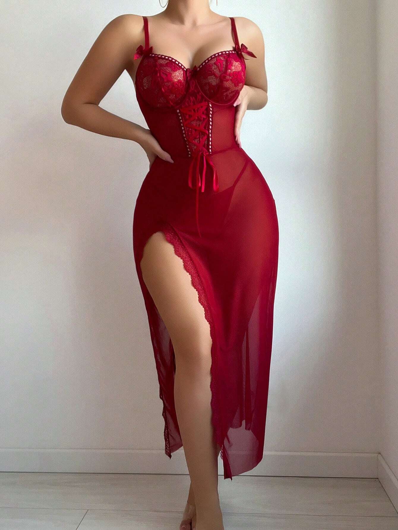 Sexy Lace Splice Mesh Underwear Maxi Dress And Thong Panty Burgundy