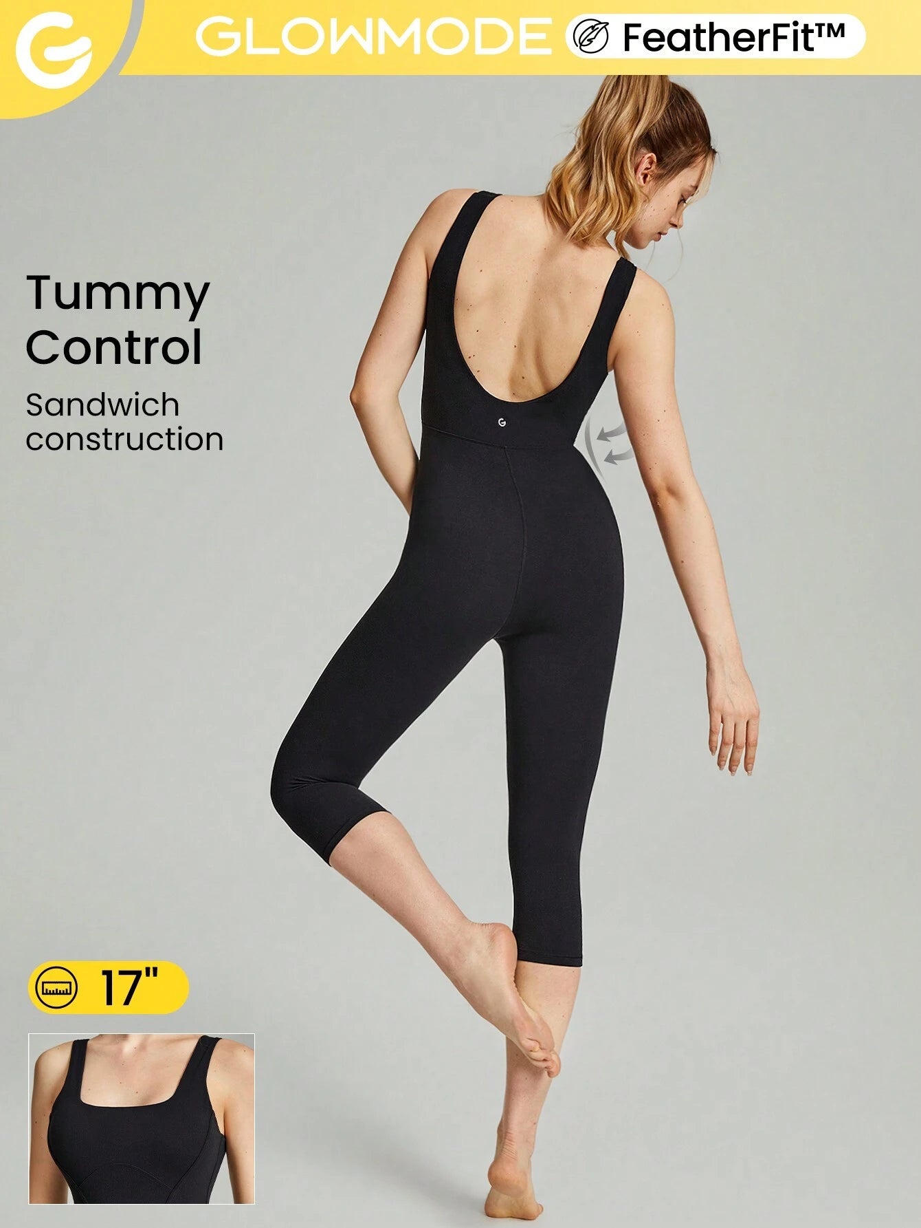 GLOWMODE 25" FeatherFit™ Tummy Control Gym Bodysuit Black 2
