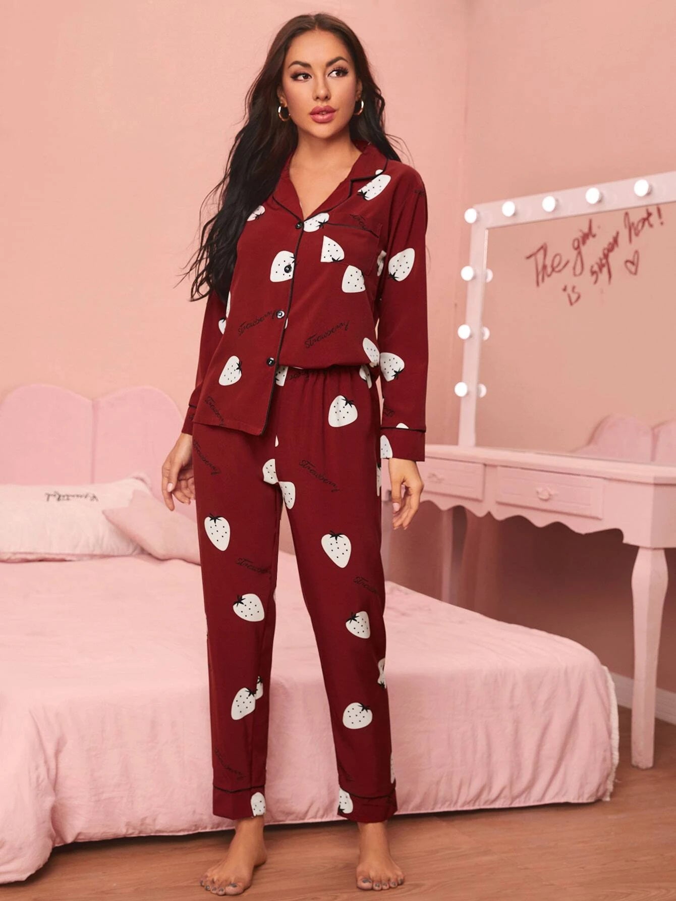Floral &amp; Bird Print Satin PJ Set