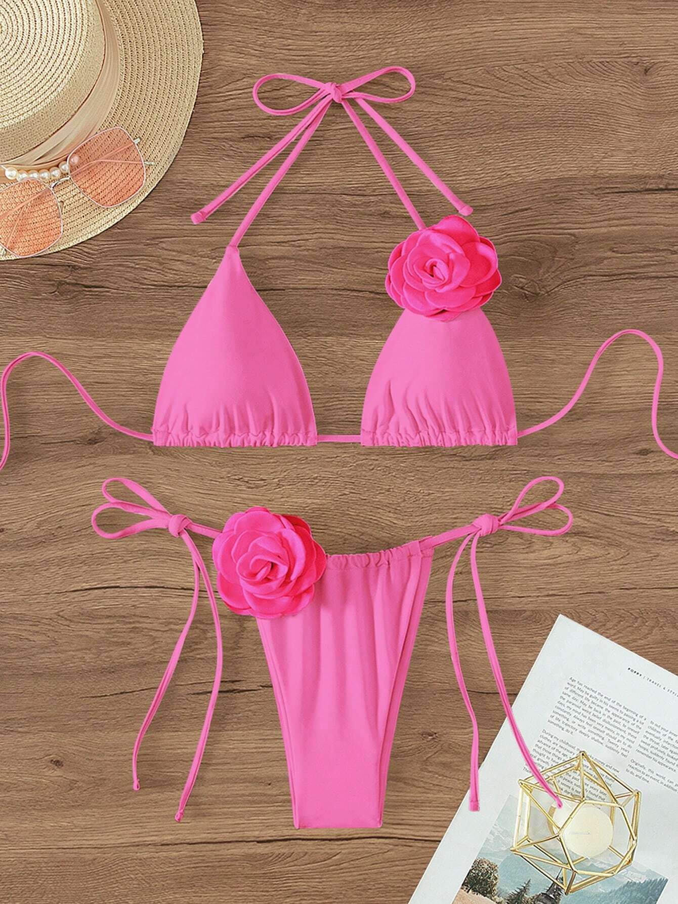 Swim Vcay Appliques Halter Triangle Tie Side Bikini Swimsuit Pink