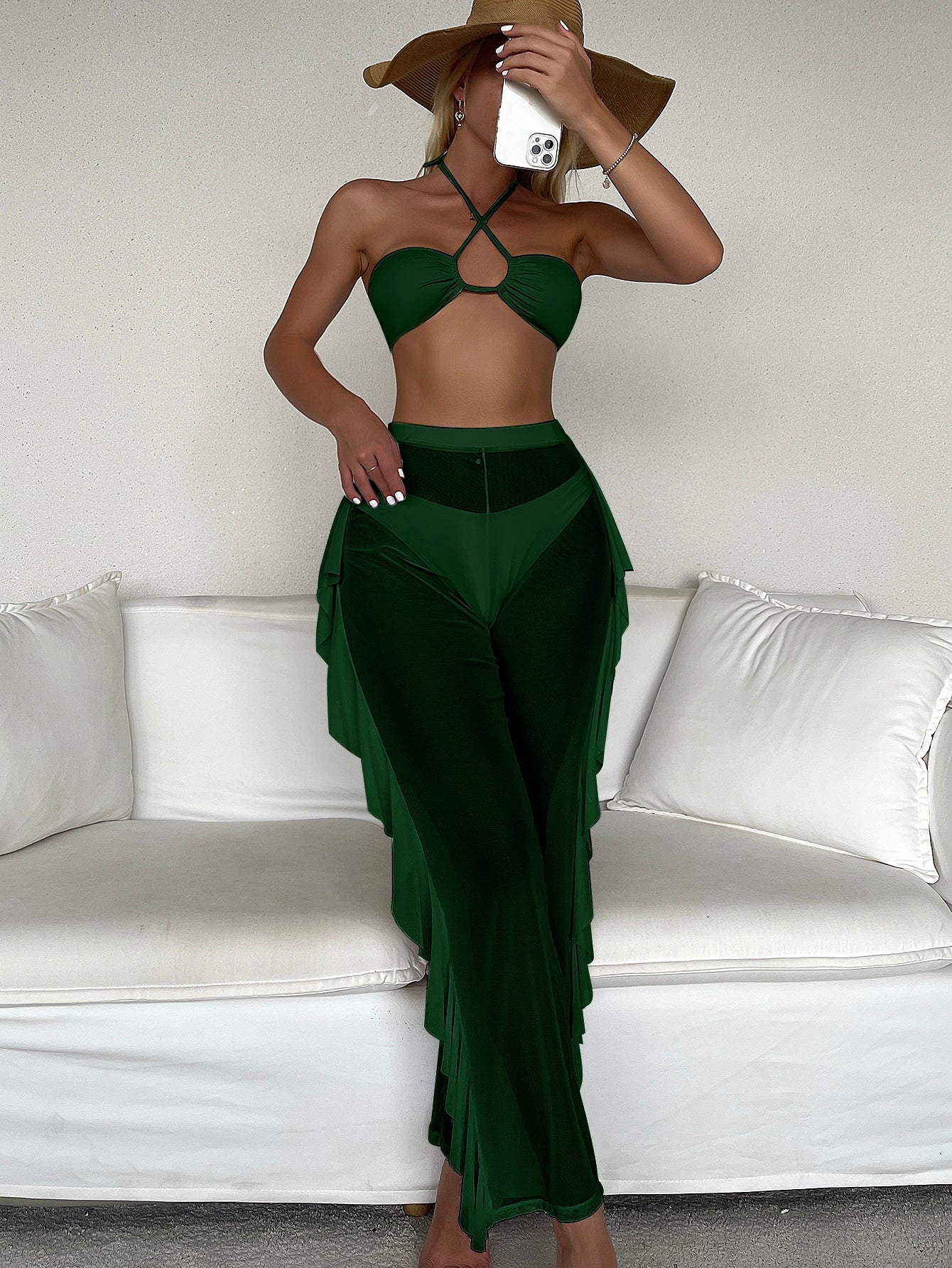 SHEIN Swim SXY Mono Bikini Set Crisscross Halter Wireless Bra Top &amp; High Cut Bikini Bottom &amp; Mesh Cover Up Pants 3 Piece Swimsuit