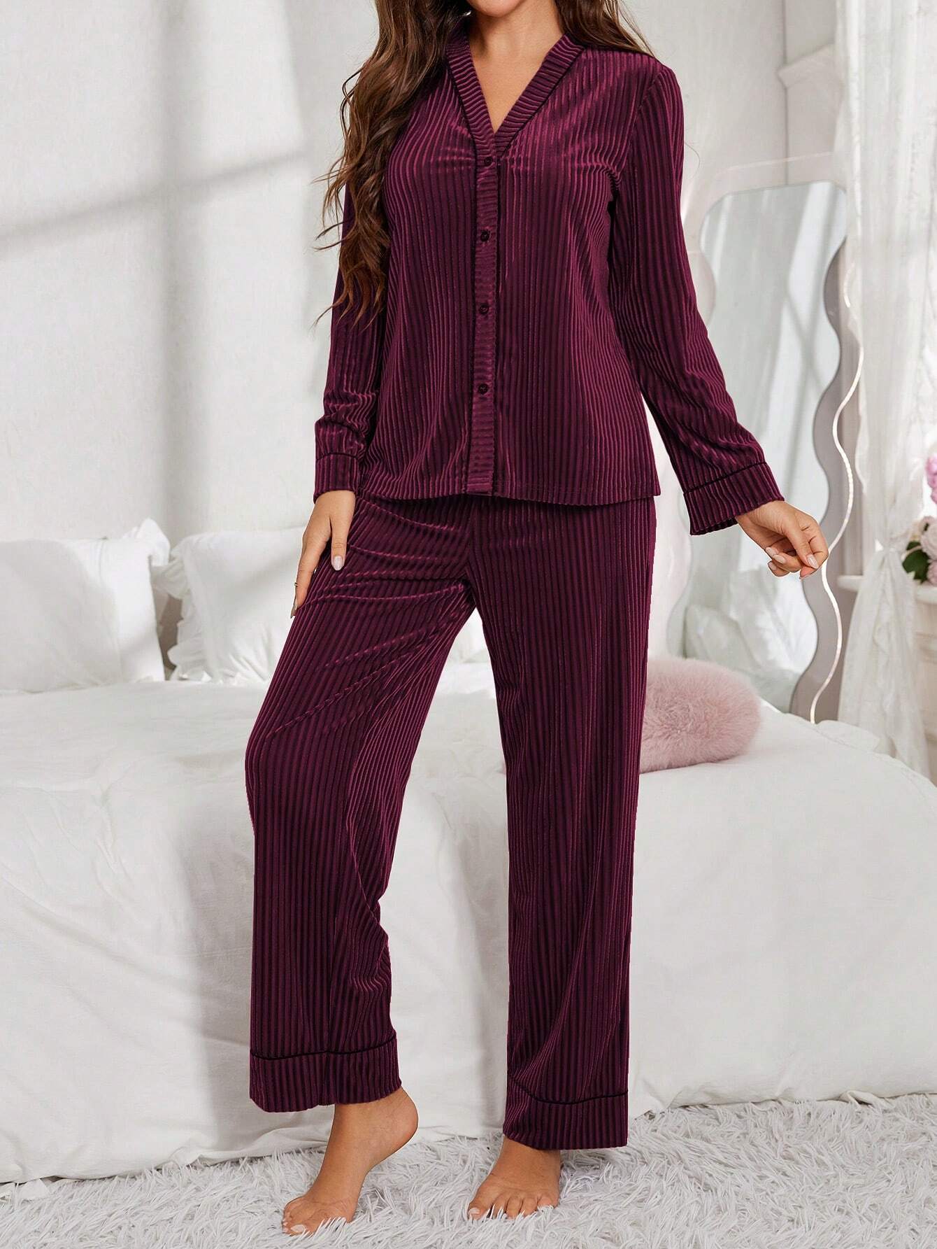 Women Velvet Button-Up Long Sleeve Pajama Set