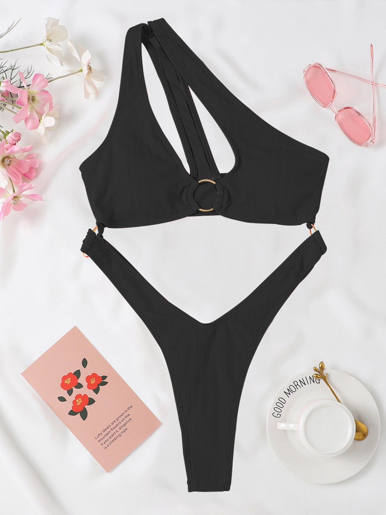 SHEIN Swim Y2GLAM Cut Out Ring Linked One Shoulder One Piece Swimsuit