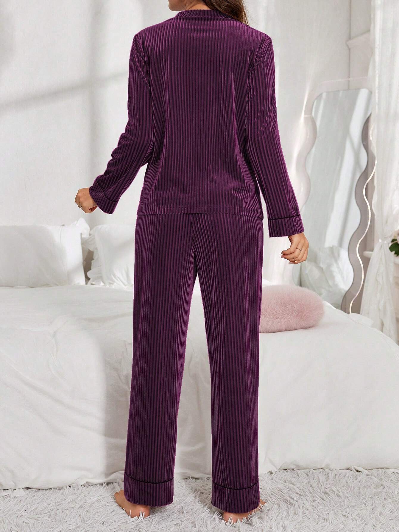 Women Velvet Button-Up Long Sleeve Pajama Set