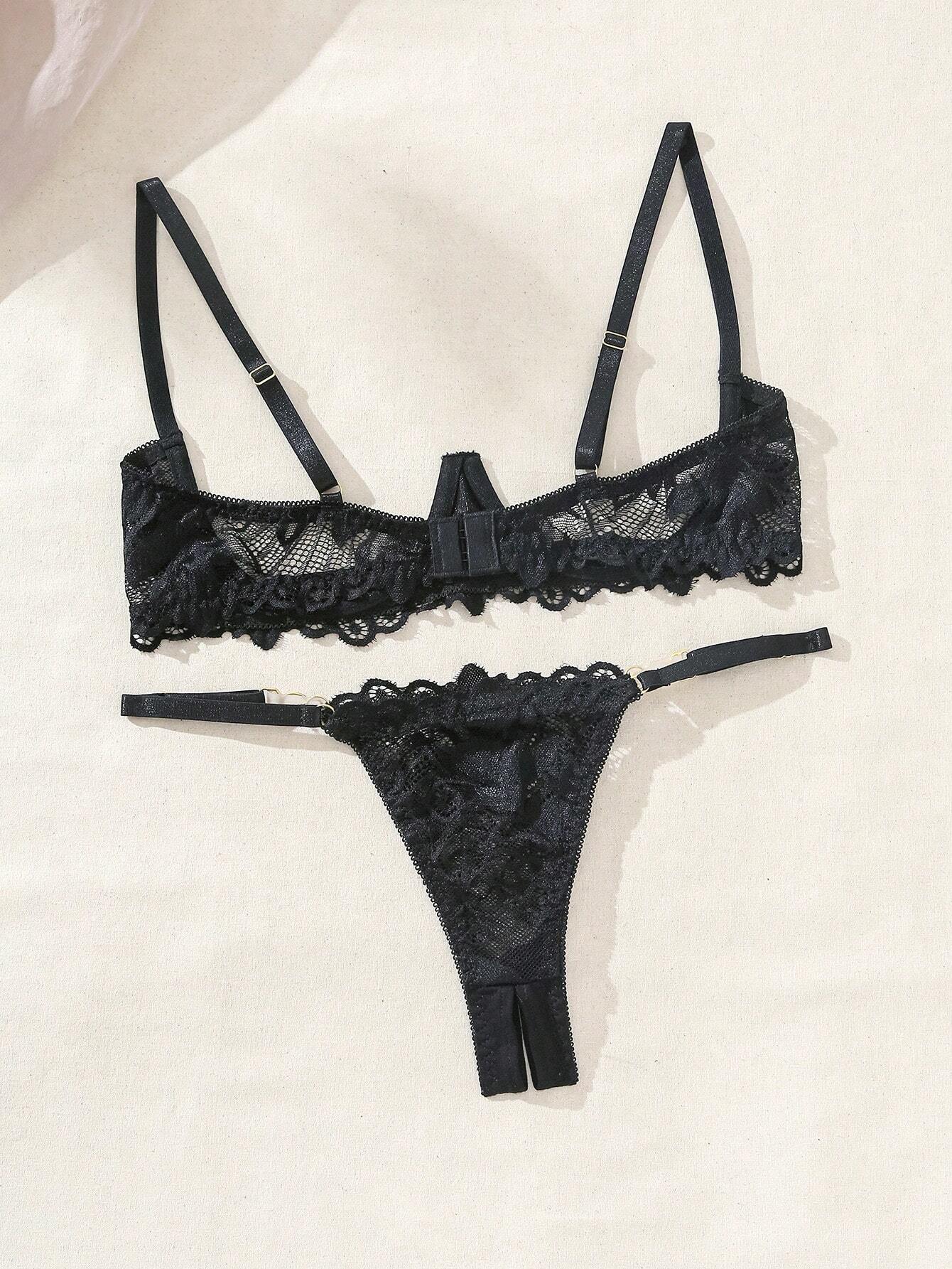 olid Color, See-Through, Underwire Bra And T-Back Sexy 2-Piece Set With Thin Shoulder Straps